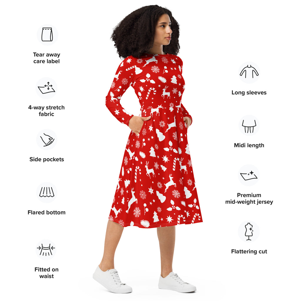 Women’s red christmas long sleeve midi dress with pockets features white reindeer candy canes and snowflakes on stretchy jersey fabric