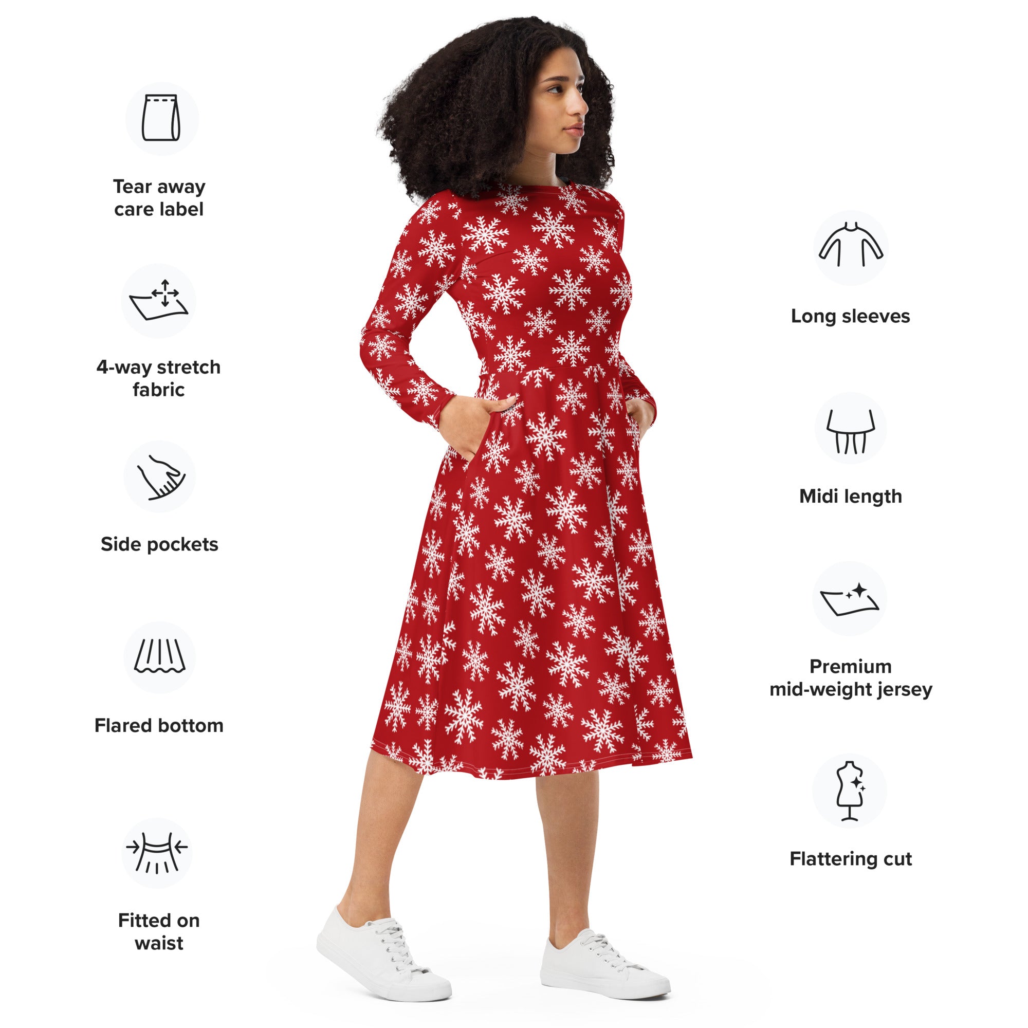 Women’s red christmas snowflake long sleeve midi dress with pockets made of premium mid-weight jersey fabric
