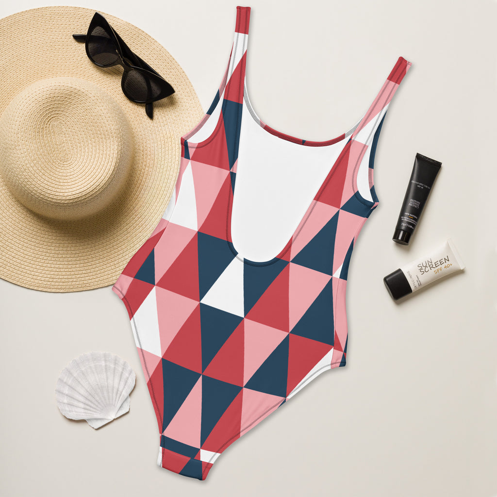 Women’s geometric colorblock buttery soft one-piece swimsuit with red pink navy blue white triangles and upf 50+ protection