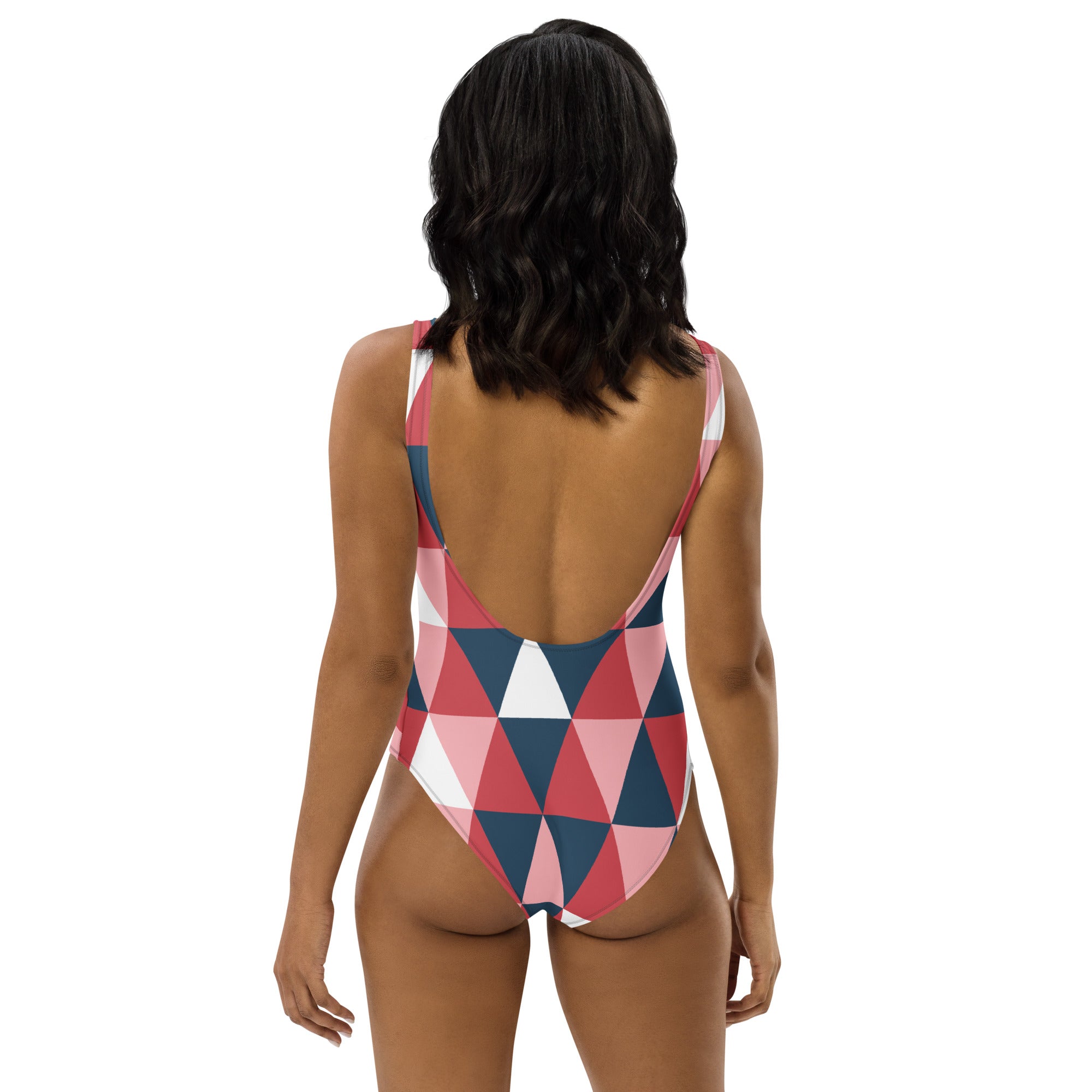 Women’s geometric colorblock one-piece swimsuit in pink navy blue and white with buttery soft fabric and UPF 50 plus protection