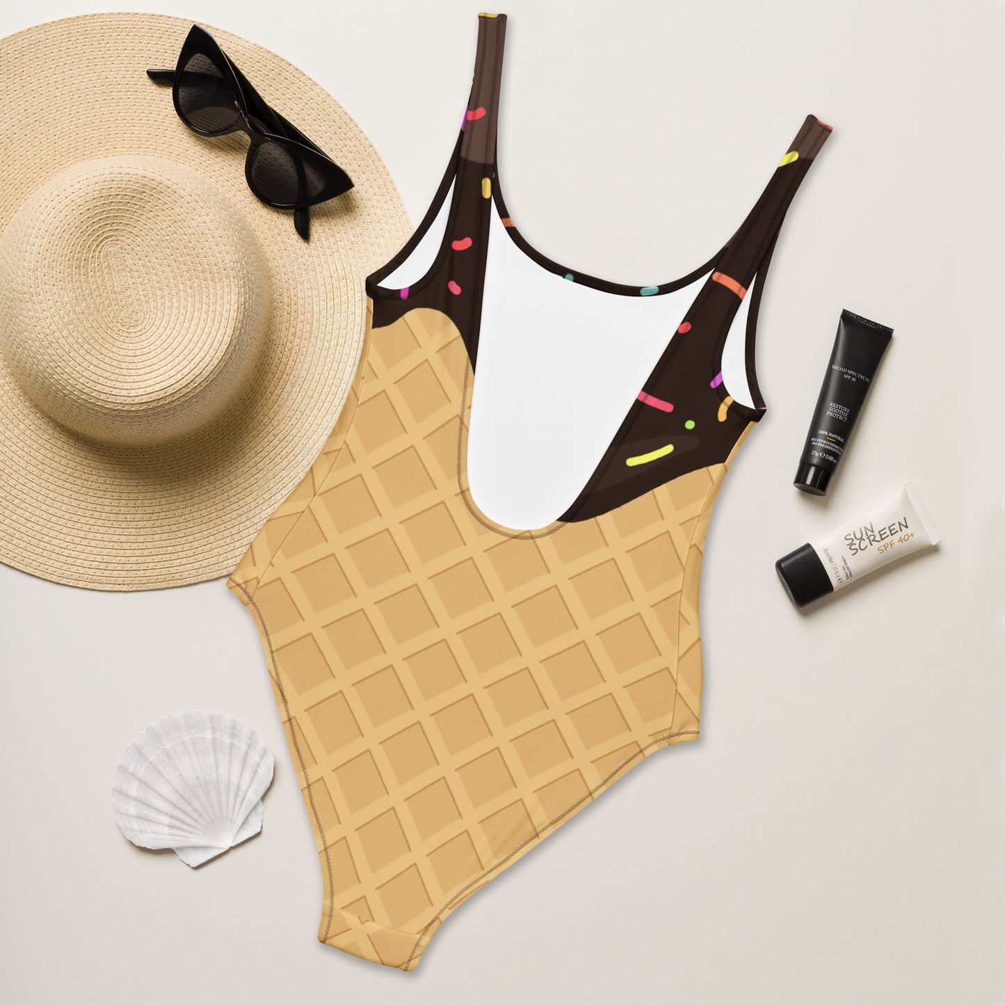 Women's Ice Cream Waffle Cone Sprinkles Buttery Soft Swimsuit With UPF 50+