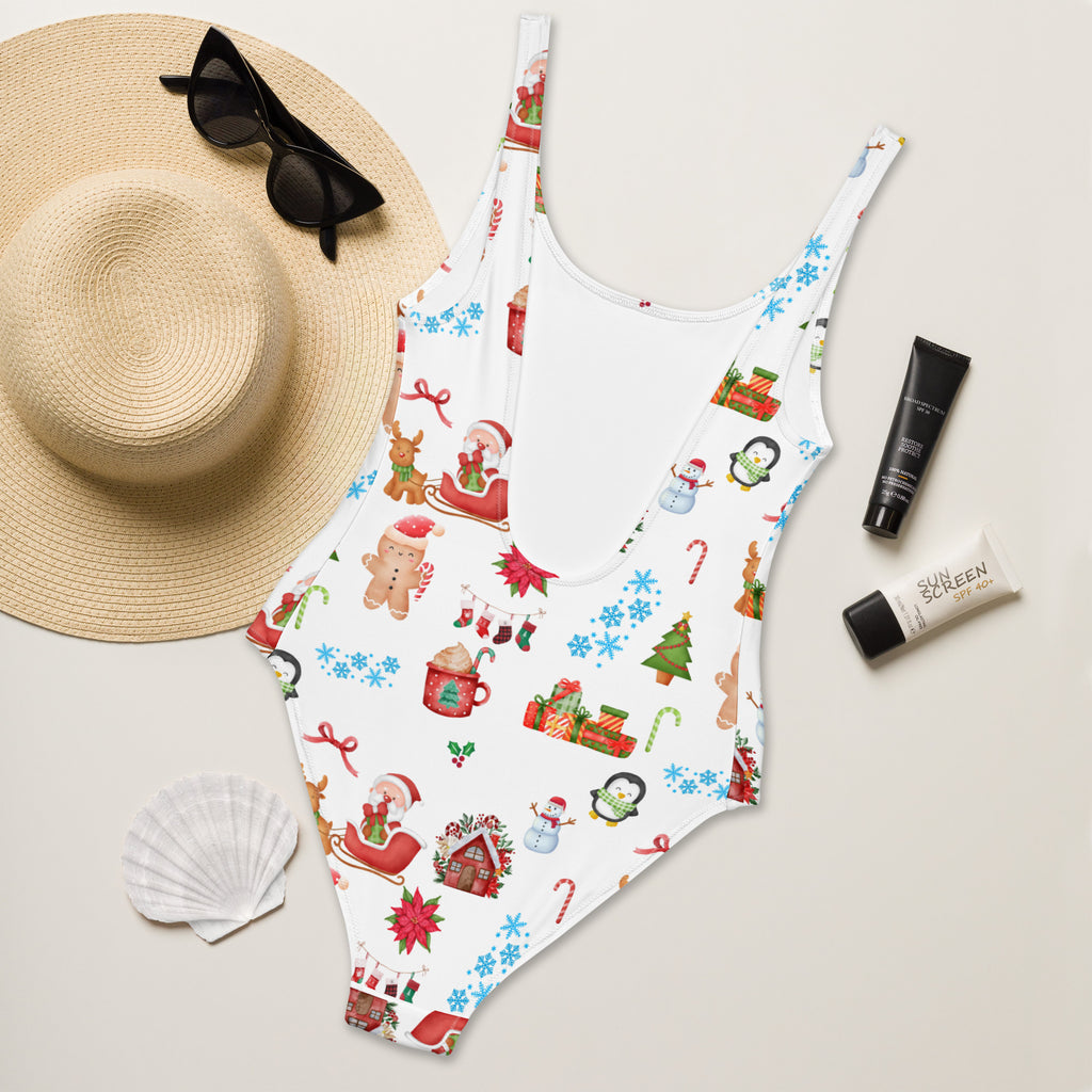 White one-piece christmas swimsuit with buttery soft fabric festive santa snowmen reindeer print upf 50 plus