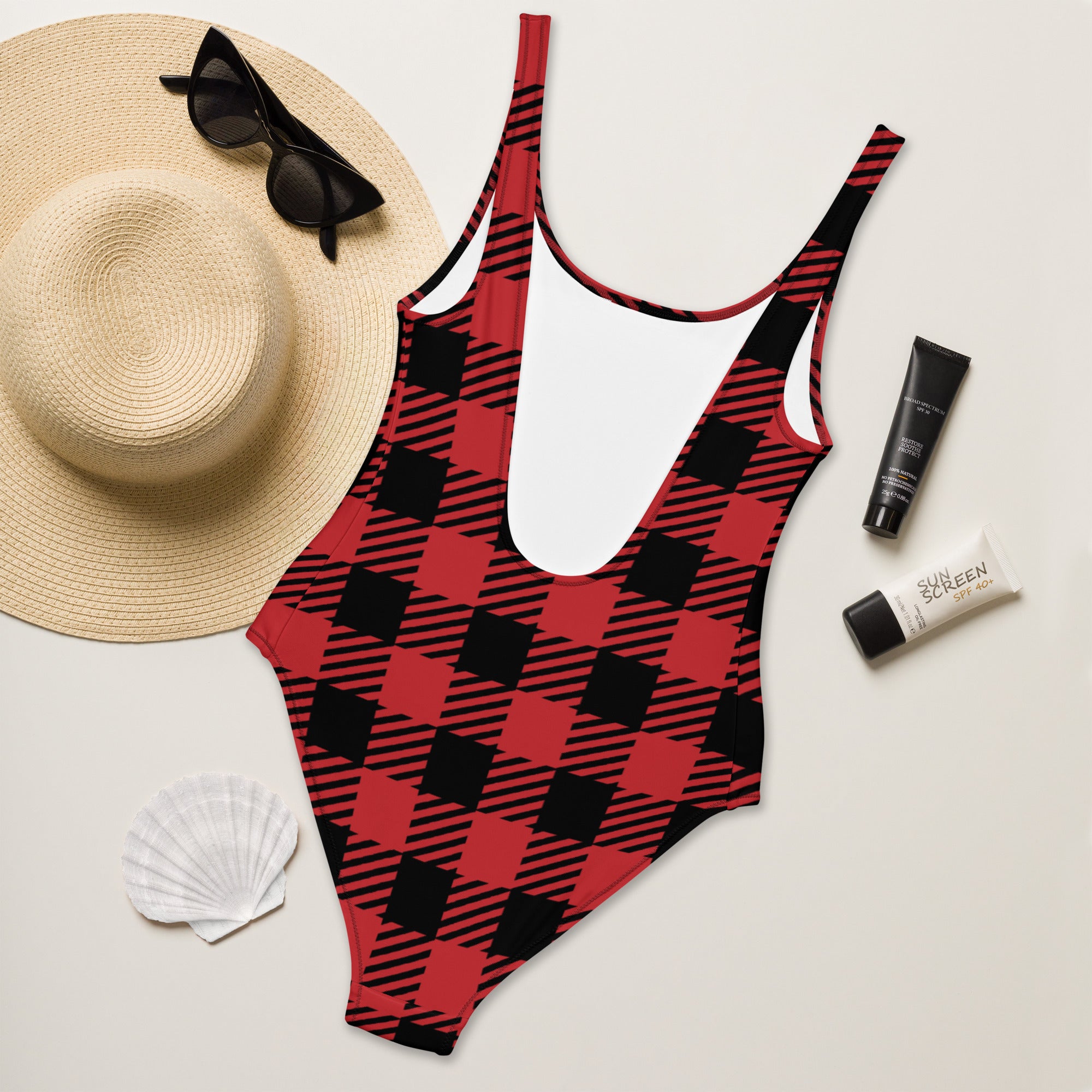 Women’s red buffalo plaid one-piece swimsuit with white underbust panel buttery soft fabric and upf 50 plus protection