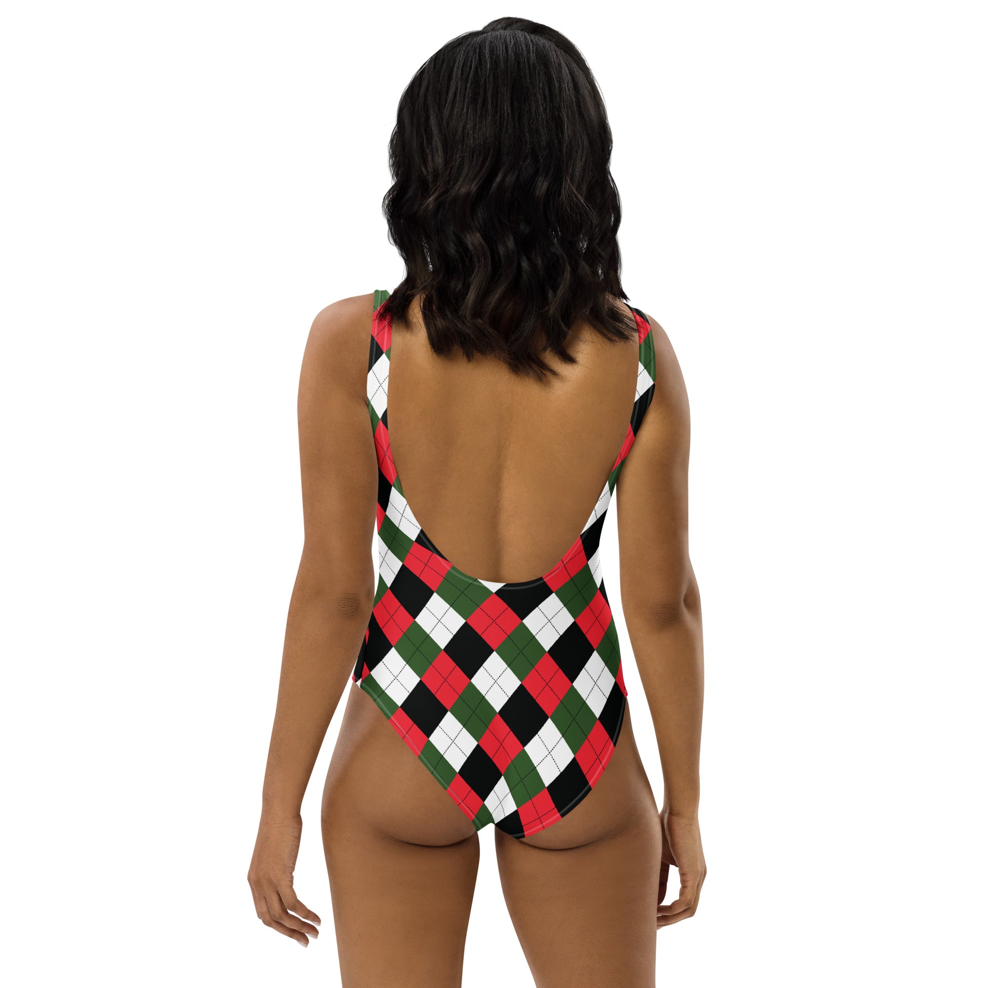 Women’s christmas argyle buttery soft one-piece swimsuit with upf 50 plus featuring bold red green black and white open back