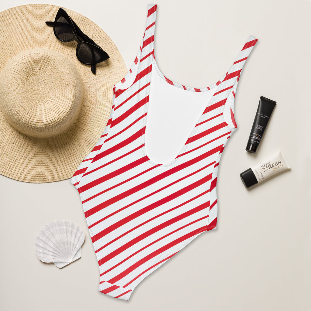Women’s candy cane stripe Christmas swimsuit with red and white stripes scoop neckline buttery soft fabric UPF 50+