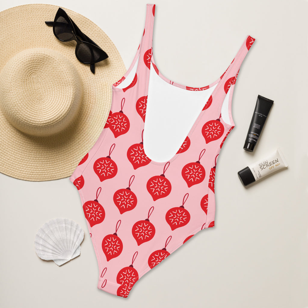 Women's Pink Christmas Ornament Buttery Soft Swimsuit With UPF 50+