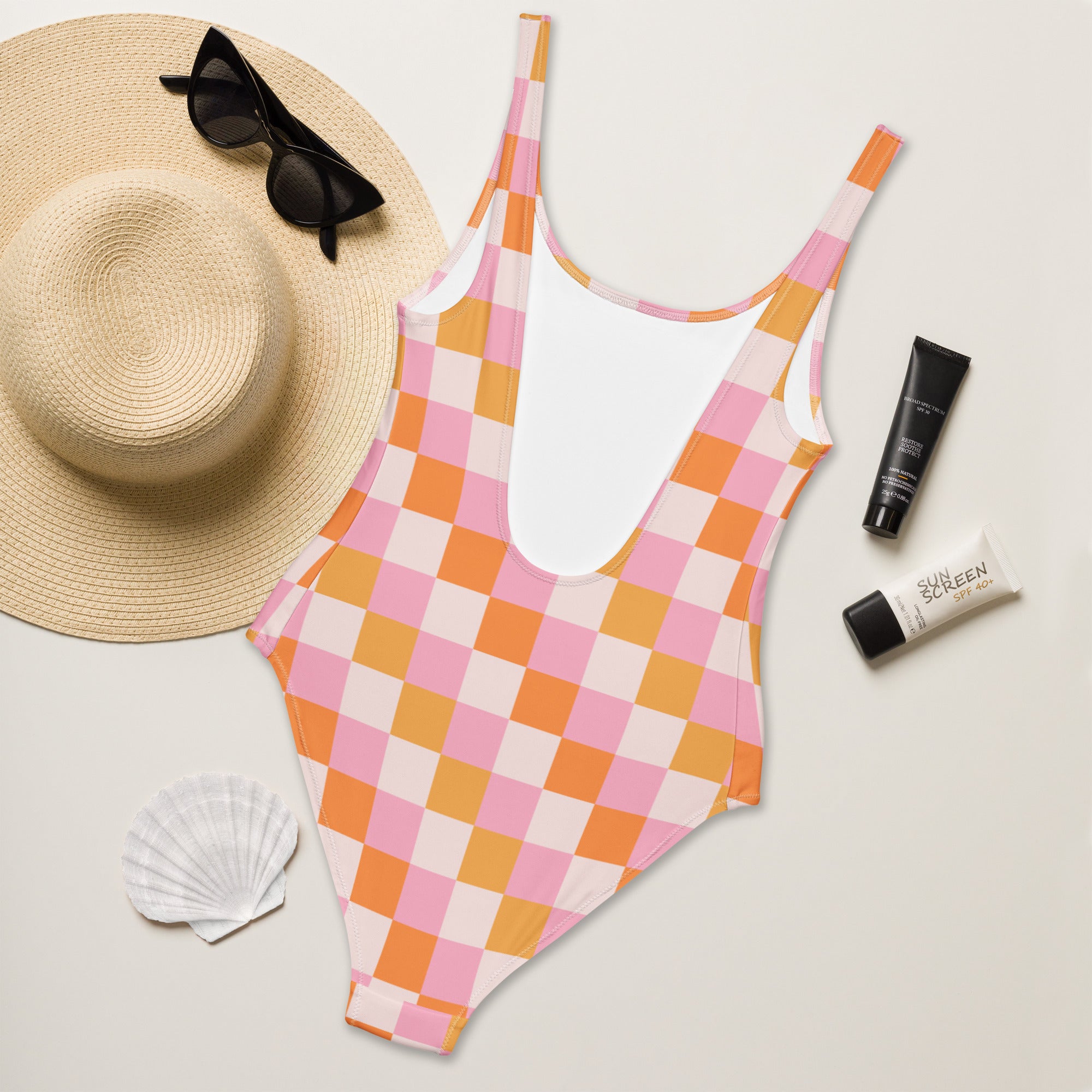 Women's Pastel Pink & Orange Checkerboard Buttery Soft Swimsuit With UPF 50+