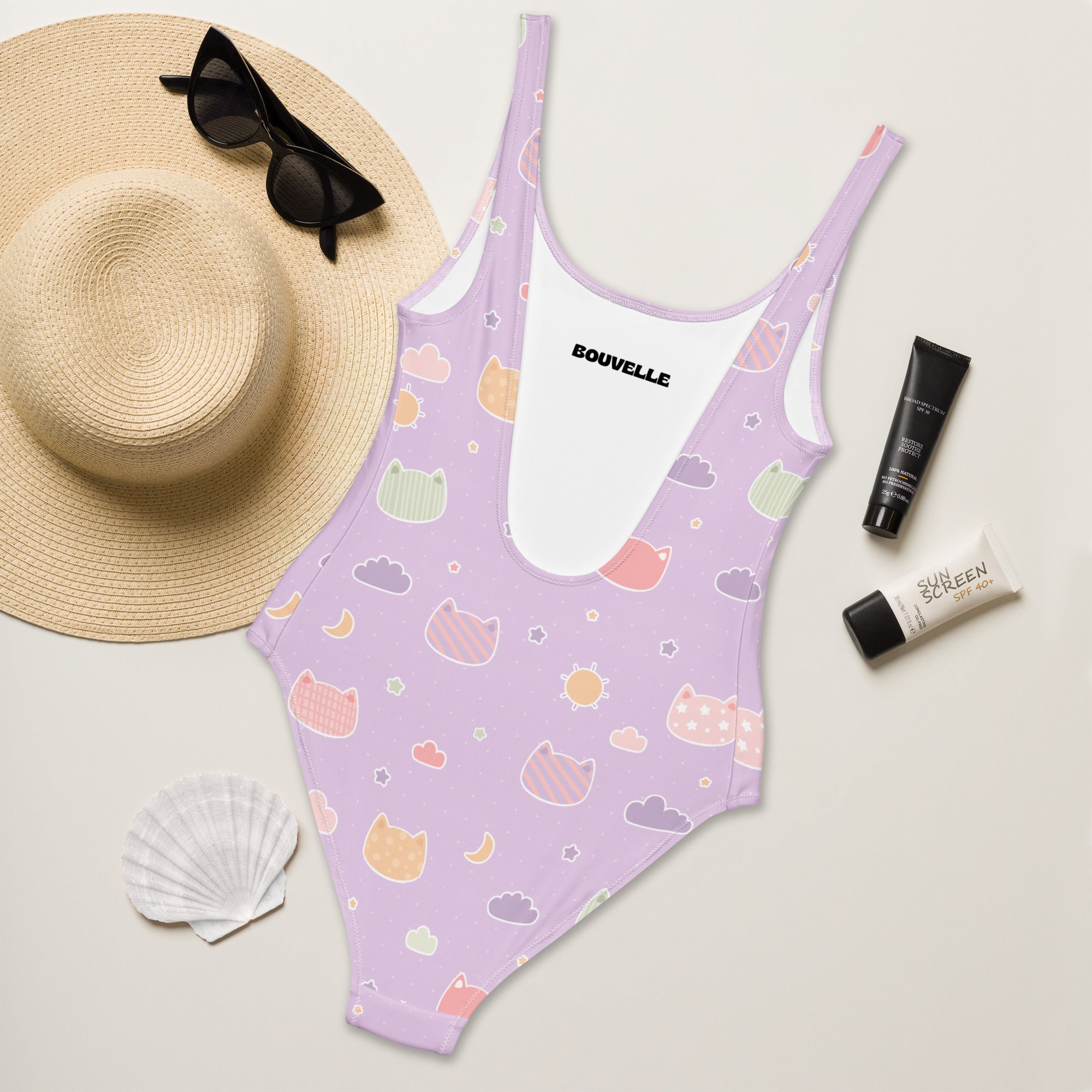 Women's Pastel Purple Kawaii Cats & Clouds Buttery Soft Swimsuit With UPF 50+