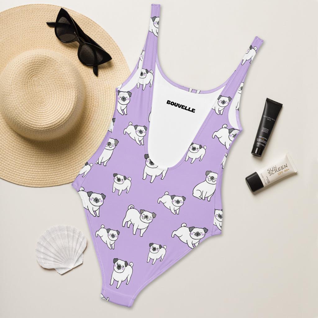 Women's Purple Pug Buttery Soft Swimsuit With UPF 50+