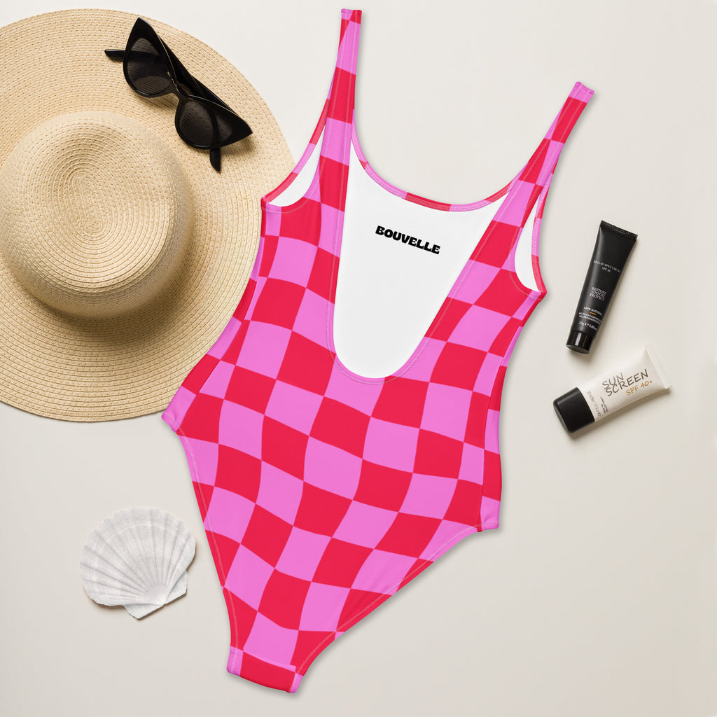 Women's Pink Checkerboard Buttery Soft Swimsuit With UPF 50+