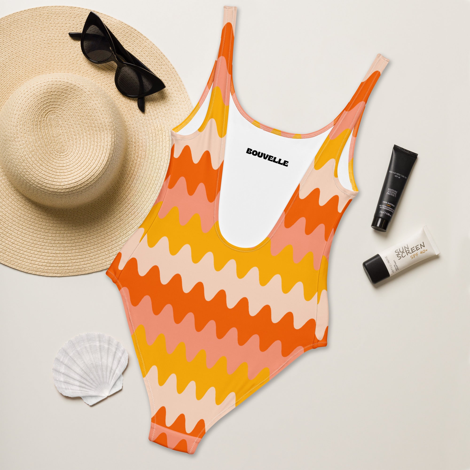 Women's Orange Retro Wavy Buttery Soft Swimsuit With UPF 50+