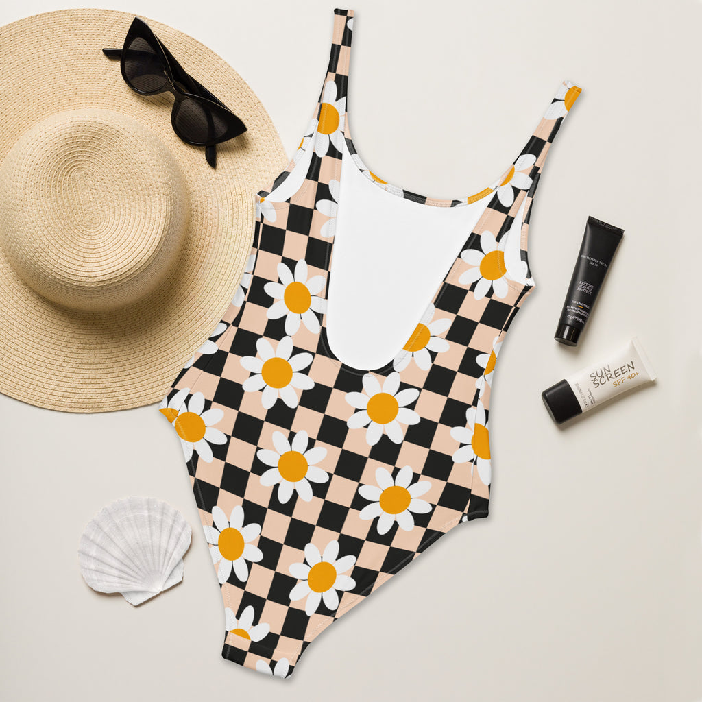 Women's Retro Checkerboard Daisy Buttery Soft Swimsuit With UPF 50+