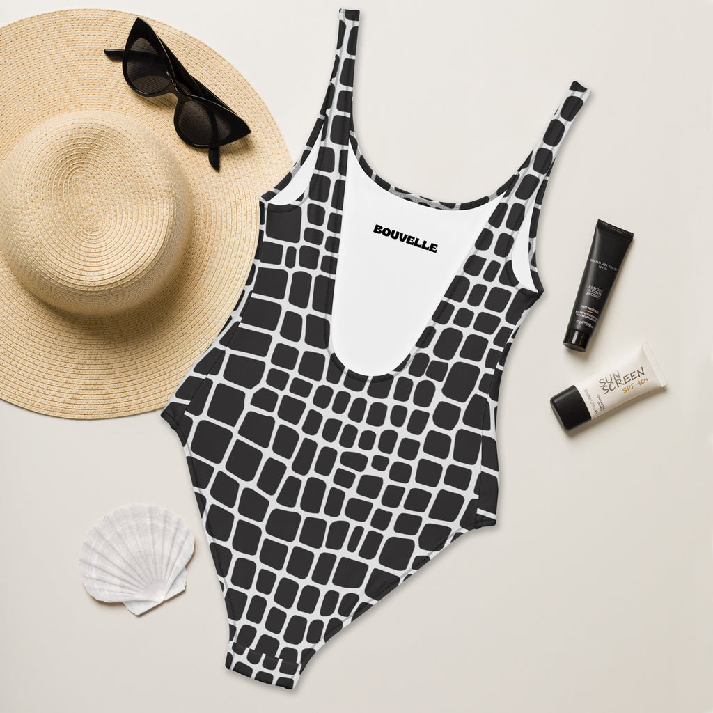 Women's Black and White Reptile Print Buttery Soft Swimsuit With UPF 50+