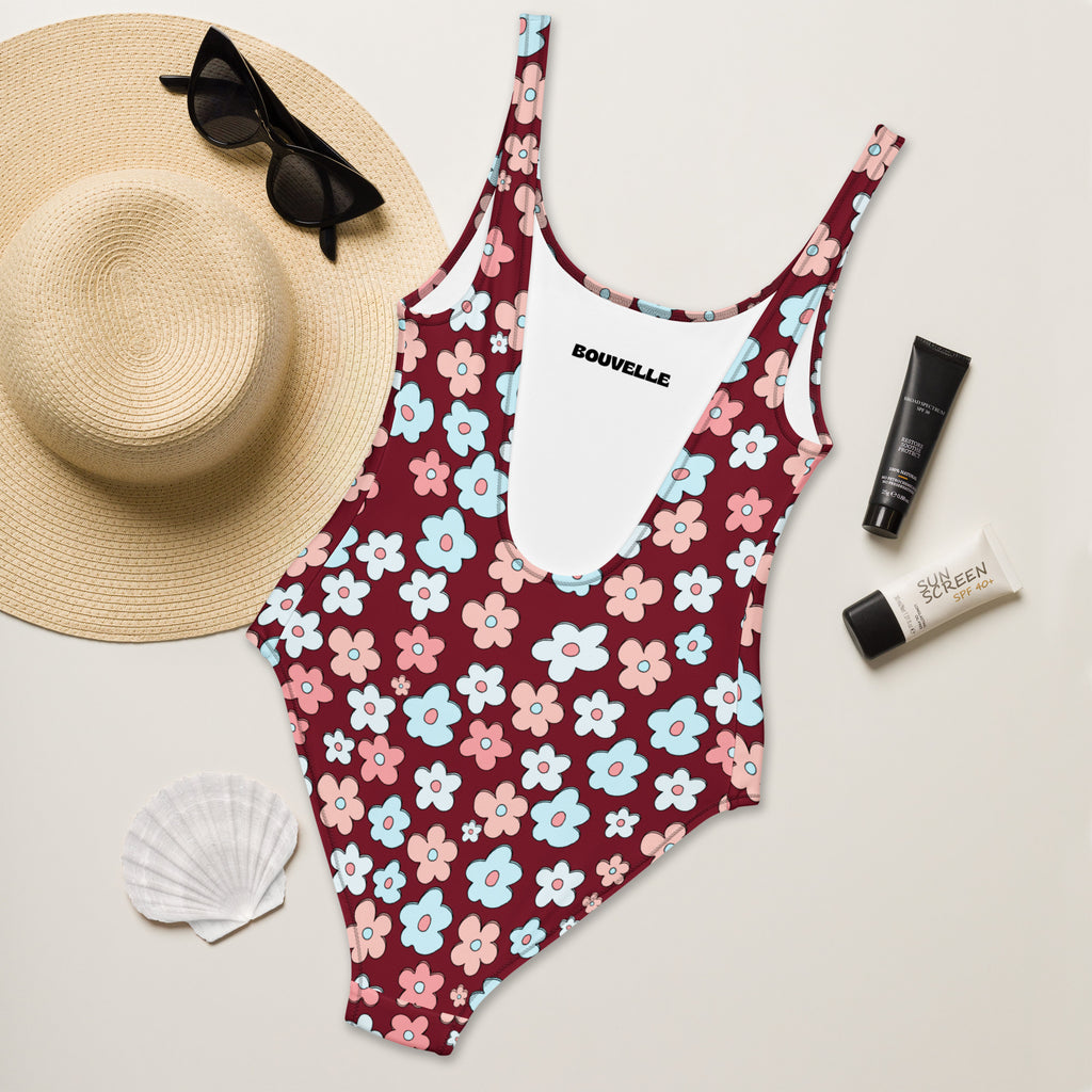 Women's Burgundy Retro Flower Buttery Soft Swimsuit With UPF 50+