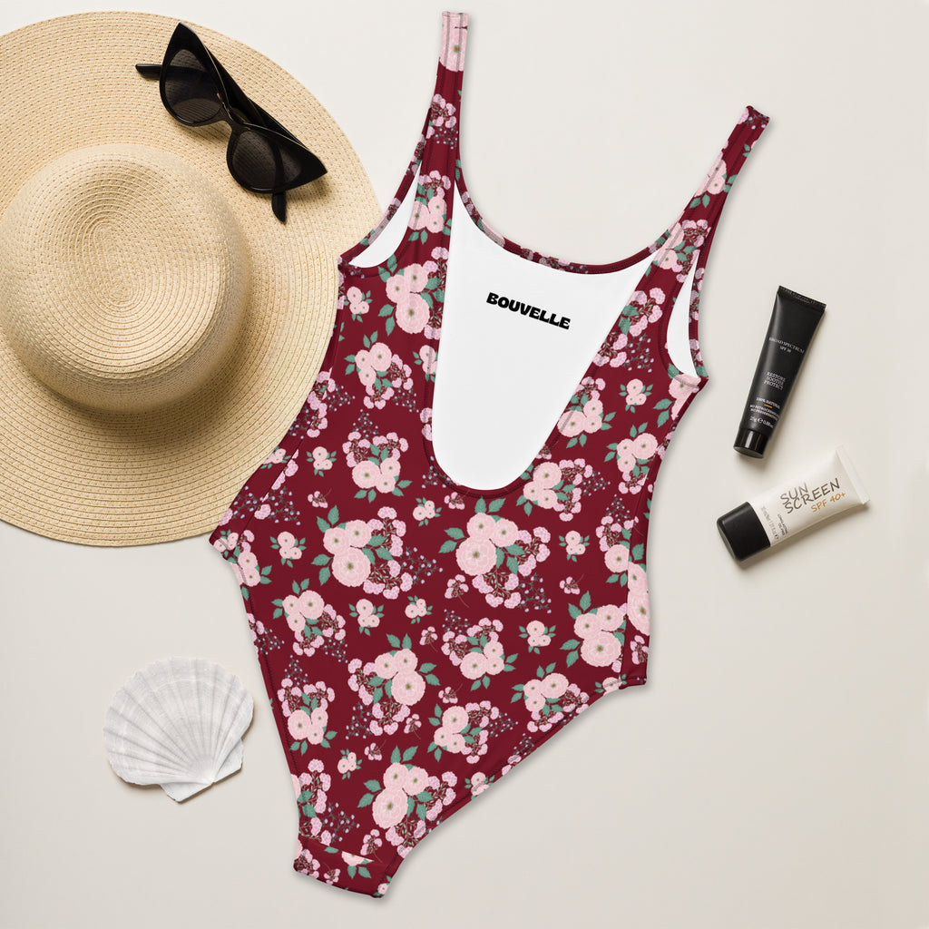 Women's Burgundy Floral Buttery Soft Swimsuit With UPF 50+
