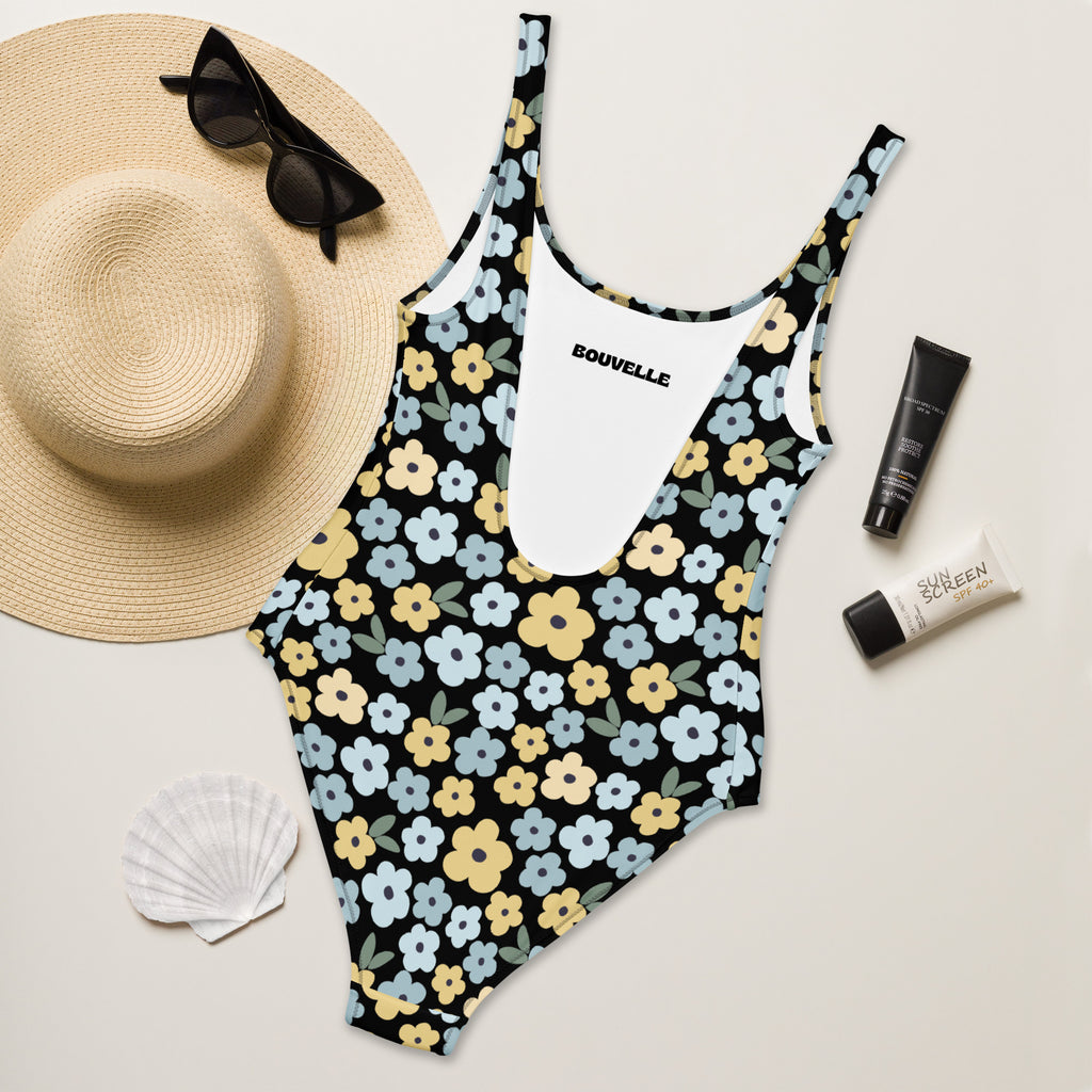 Women's Black Daisy Buttery Soft Swimsuit With UPF 50+