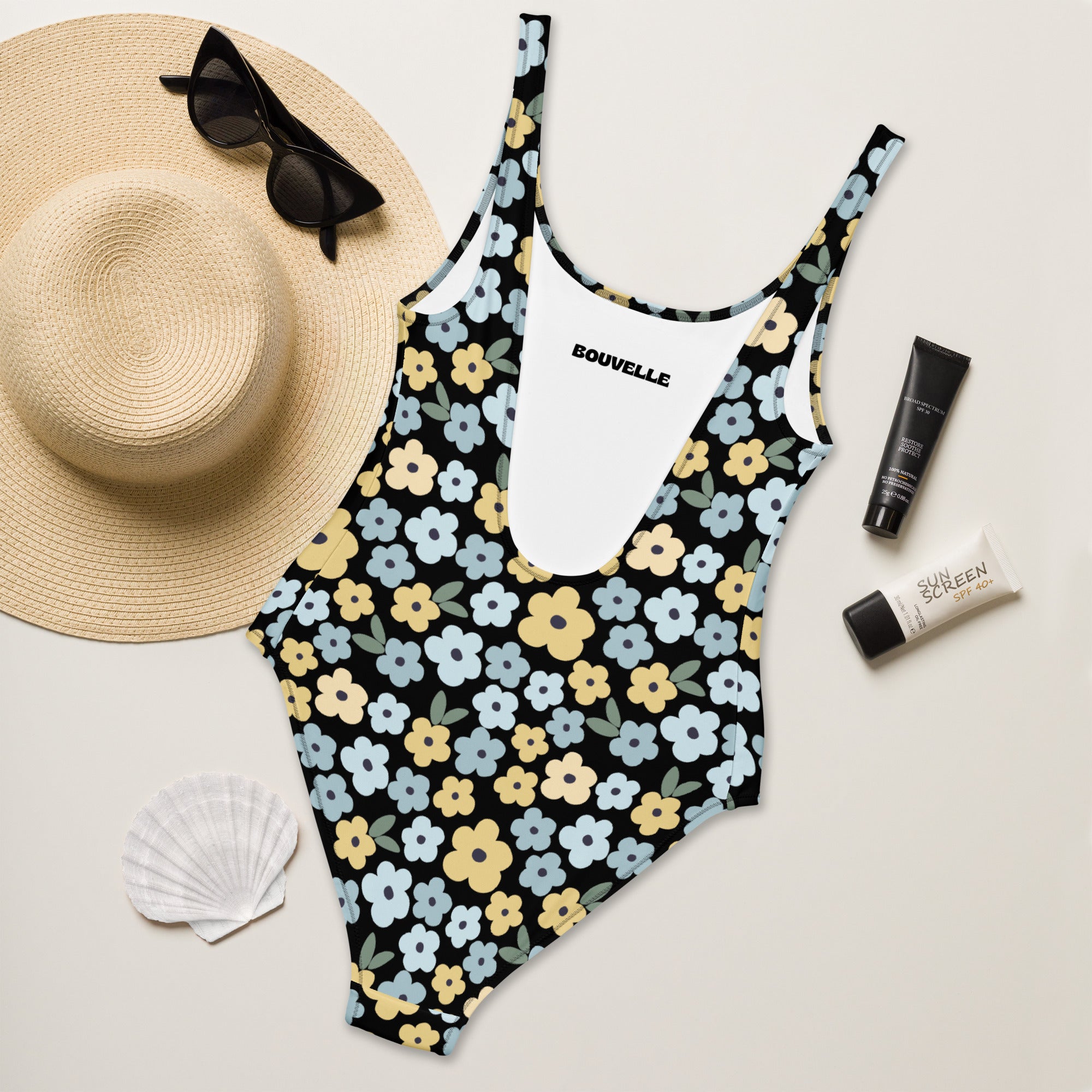 Women's Black Daisy Buttery Soft Swimsuit With UPF 50+
