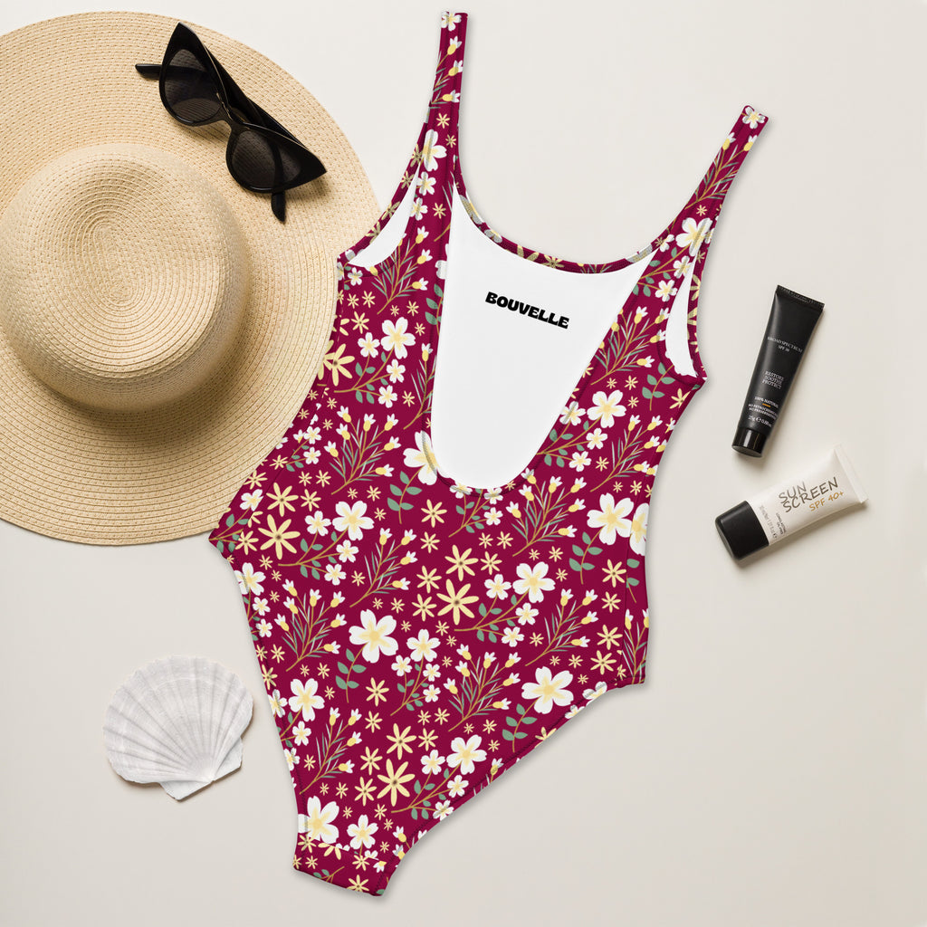 Women's Burgundy Wildflower Buttery Soft Swimsuit With UPF 50+