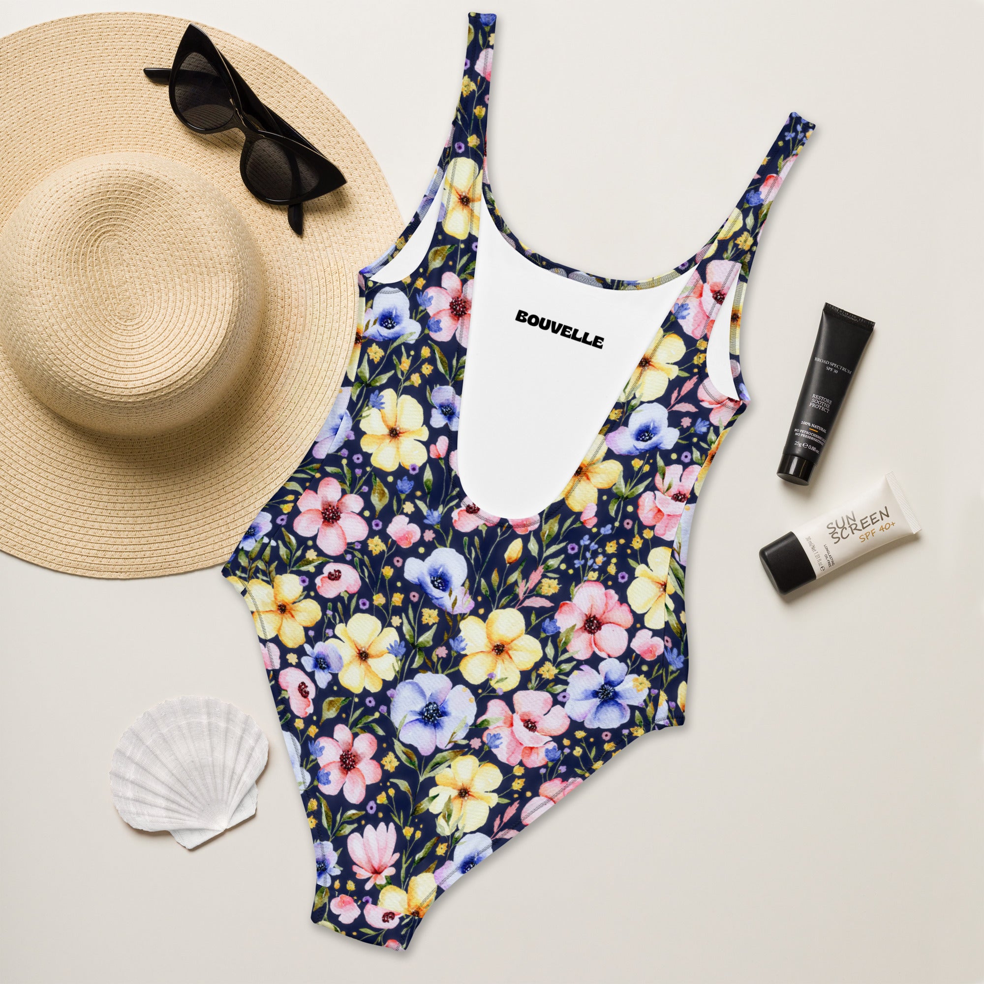 Women's Navy Watercolor Floral Buttery Soft Swimsuit With UPF 50+