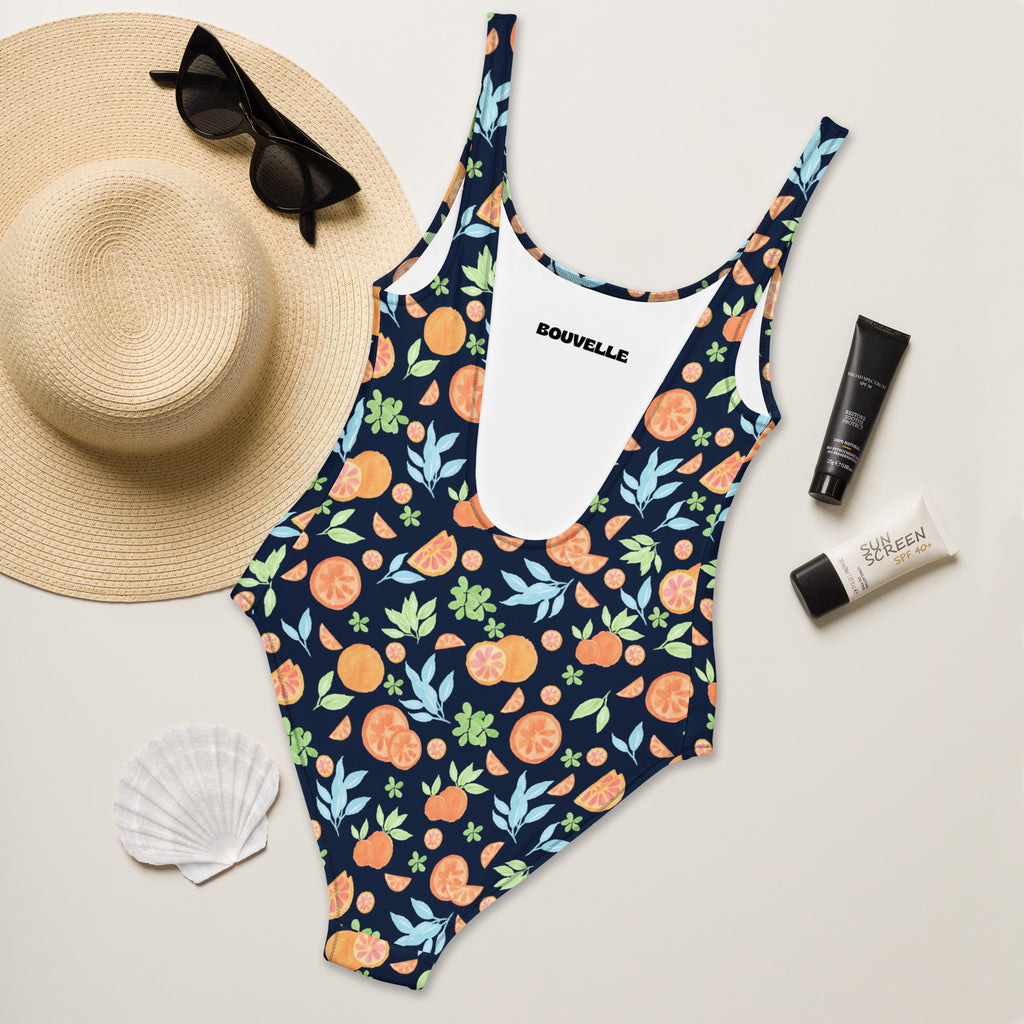 Women's Navy Orange Citrus Fruit Buttery Soft Swimsuit With UPF 50+