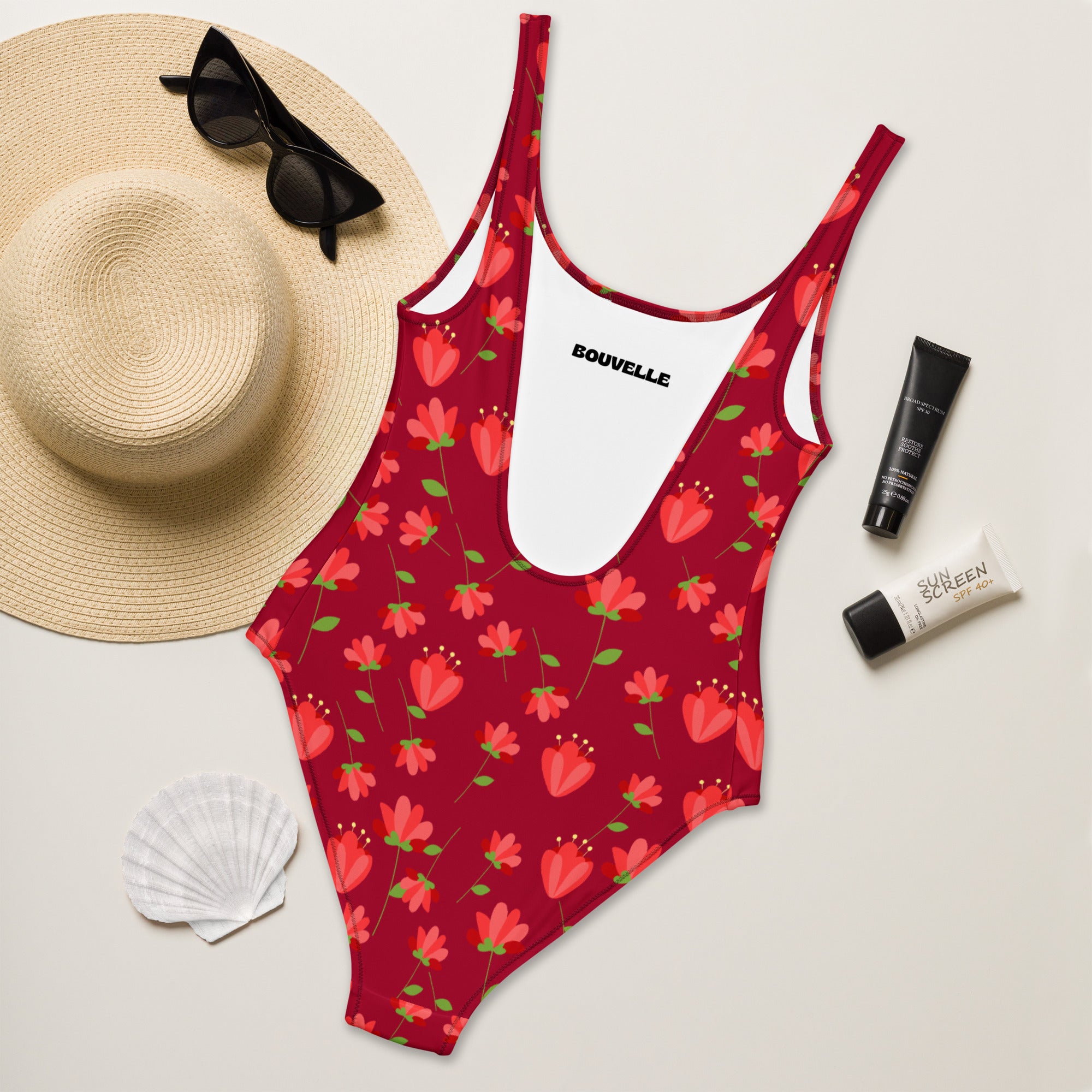 Women's Red Retro Flower Buttery Soft Swimsuit With UPF 50+