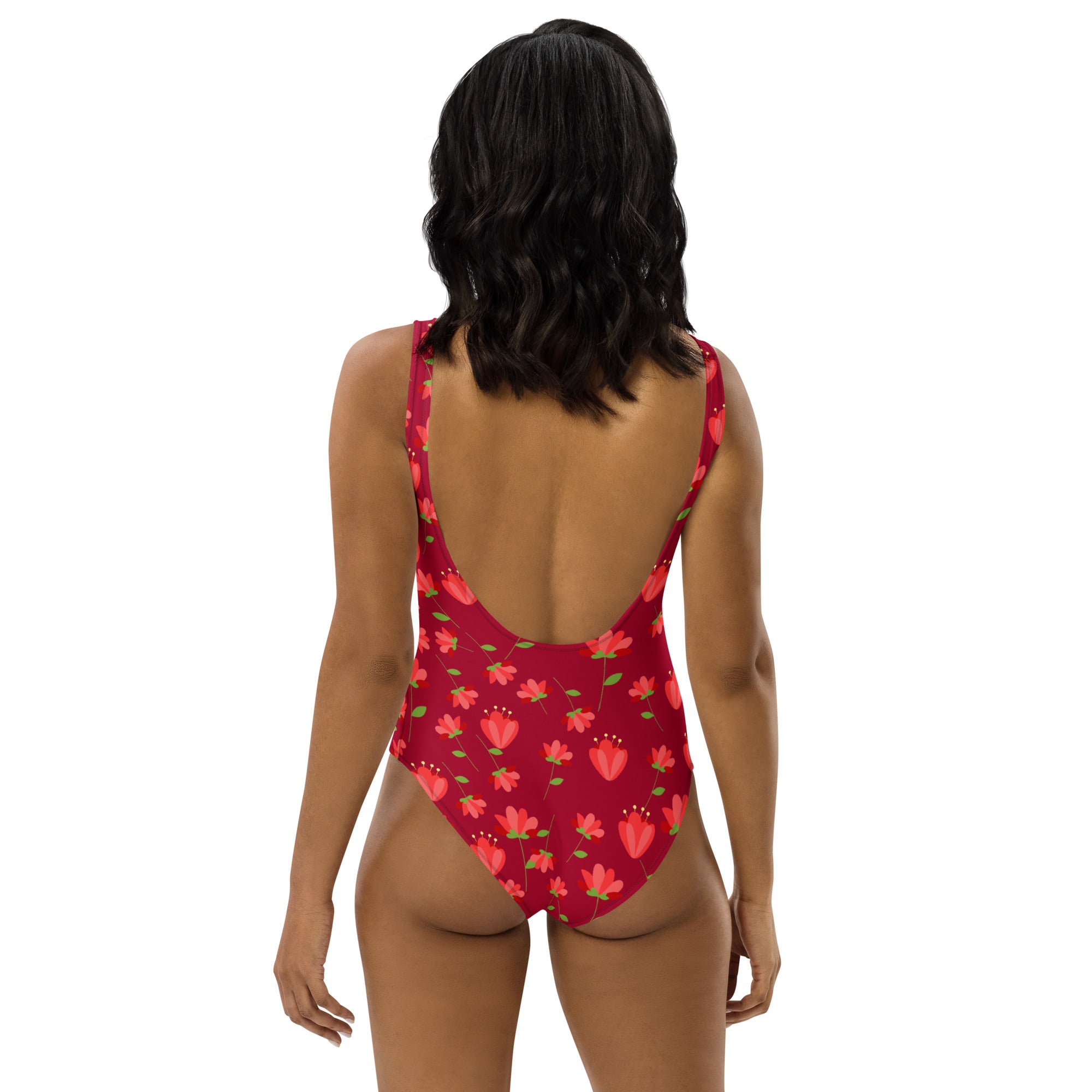 Women's Red Retro Flower Buttery Soft Swimsuit With UPF 50+