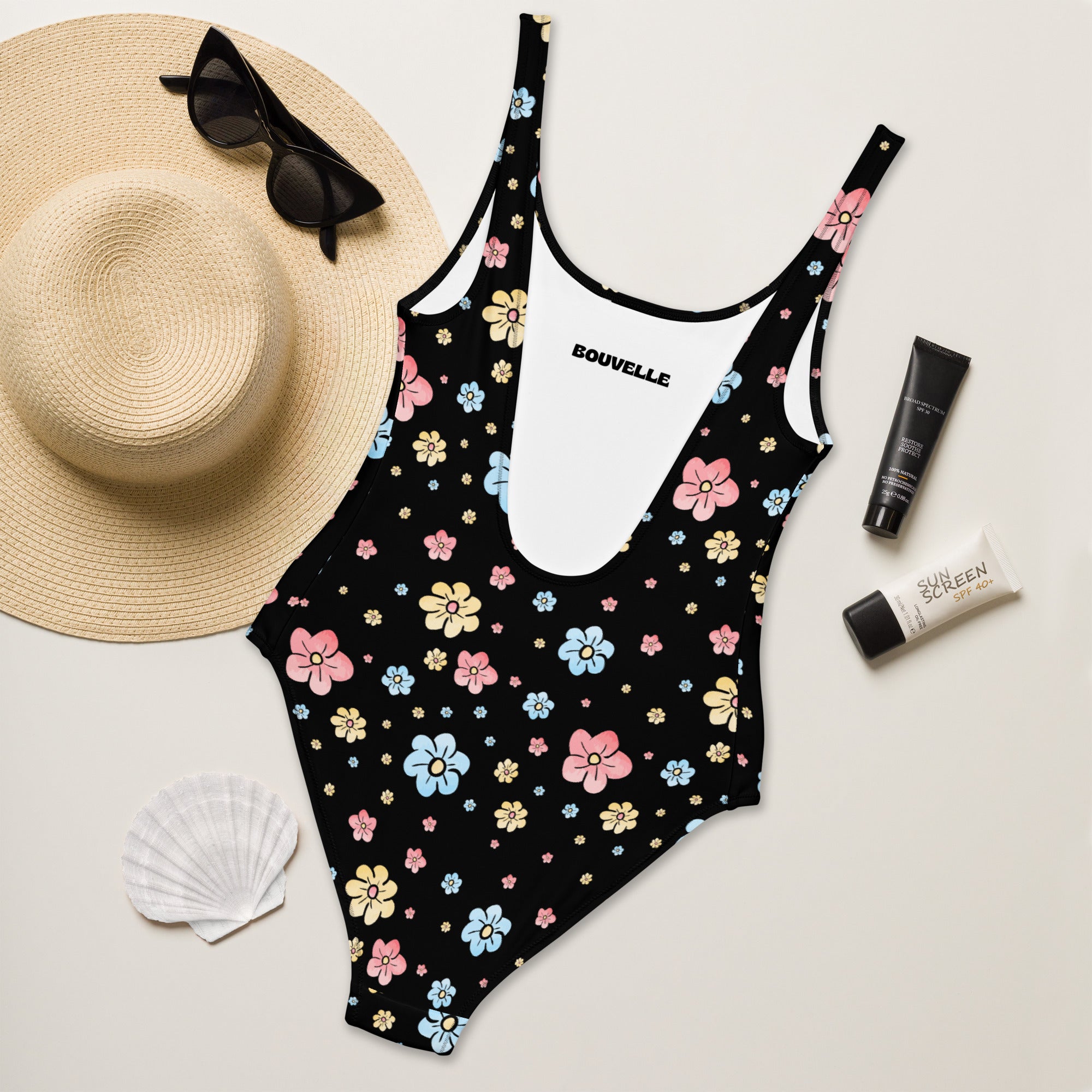 Women's Black Retro Pastel Floral Buttery Soft Swimsuit With UPF 50+