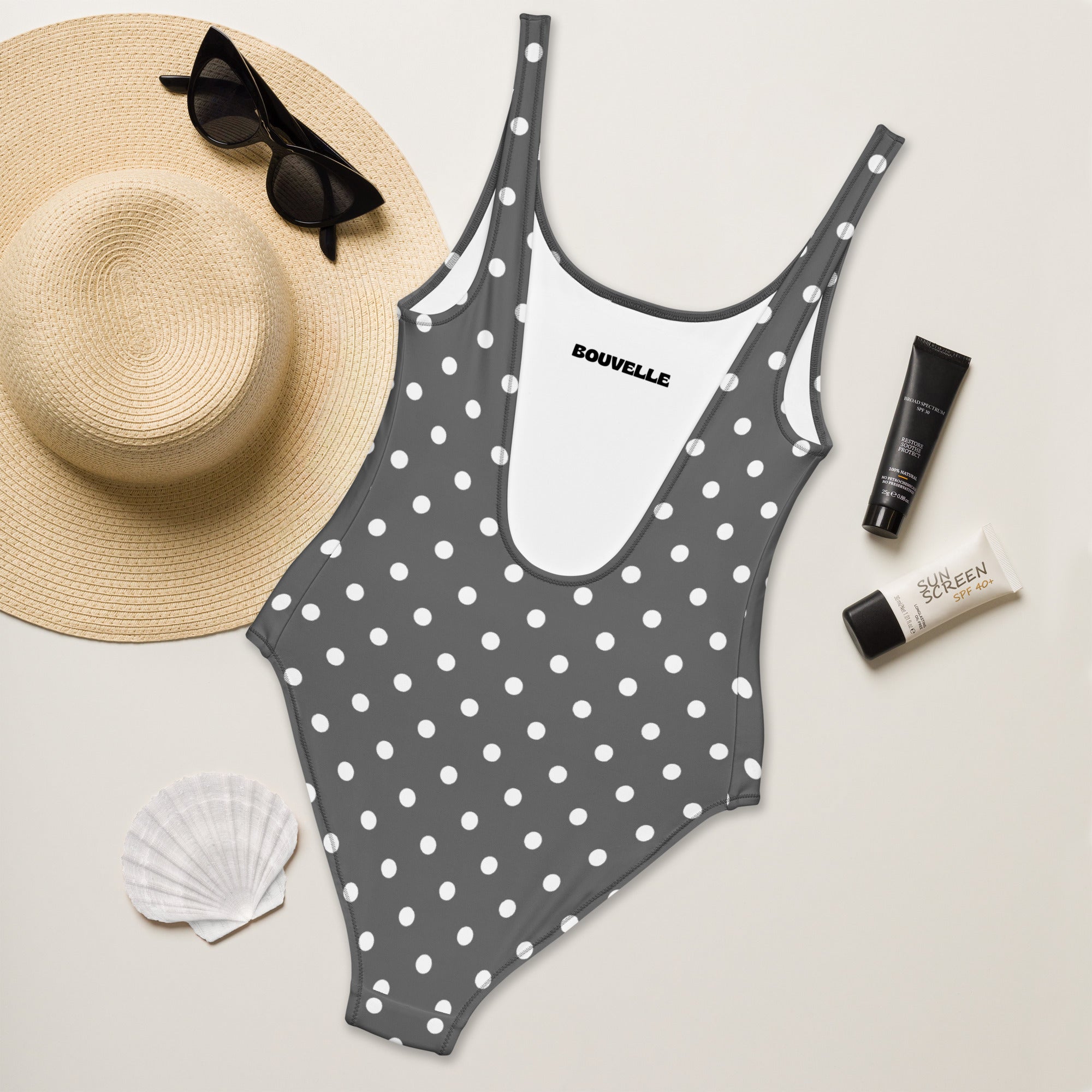 Women's Gray Polka Dot Buttery Soft Swimsuit With UPF 50+