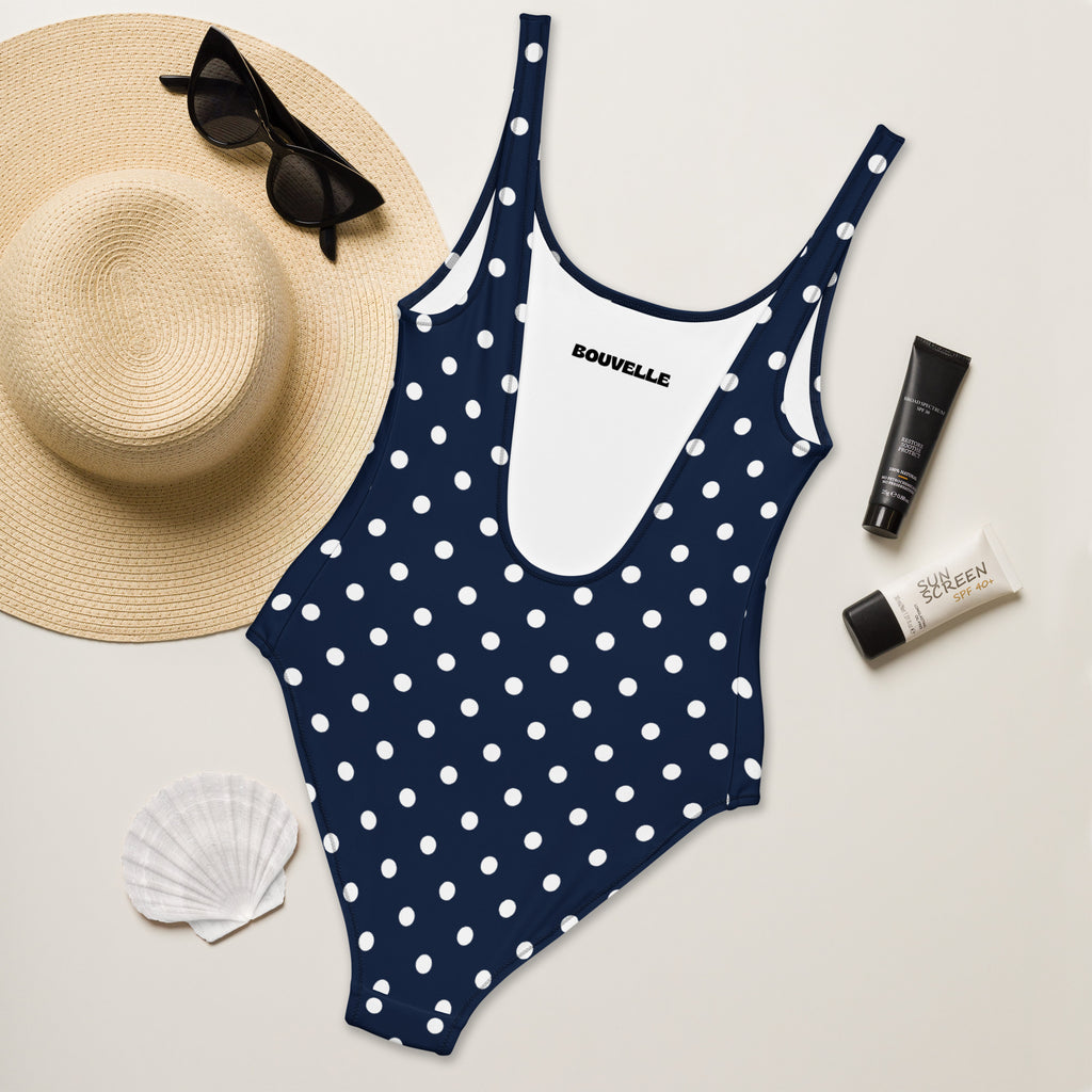 Women's Navy Blue Polka Dot Buttery Soft Swimsuit With UPF 50+