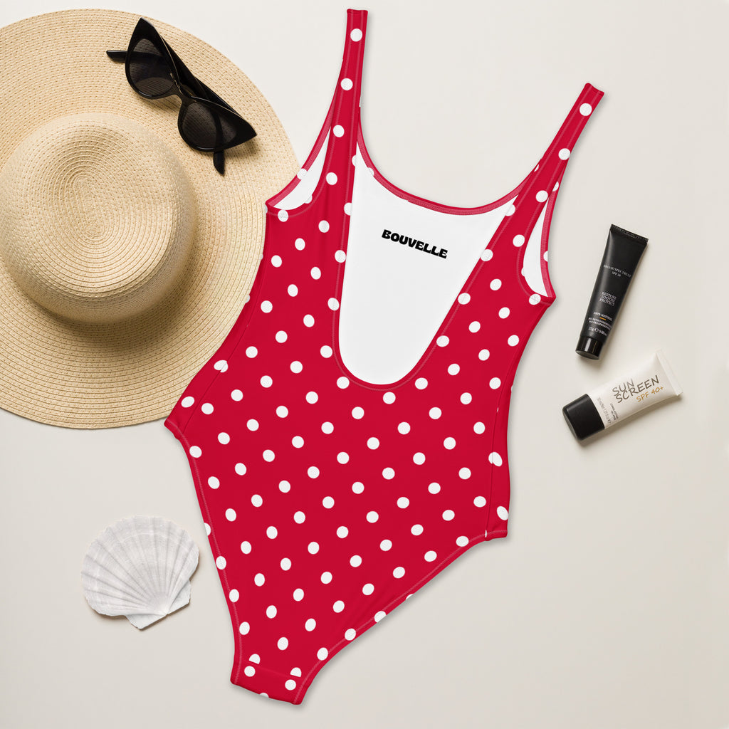 Women's Cherry Red Polka Dot Buttery Soft Swimsuit With UPF 50+