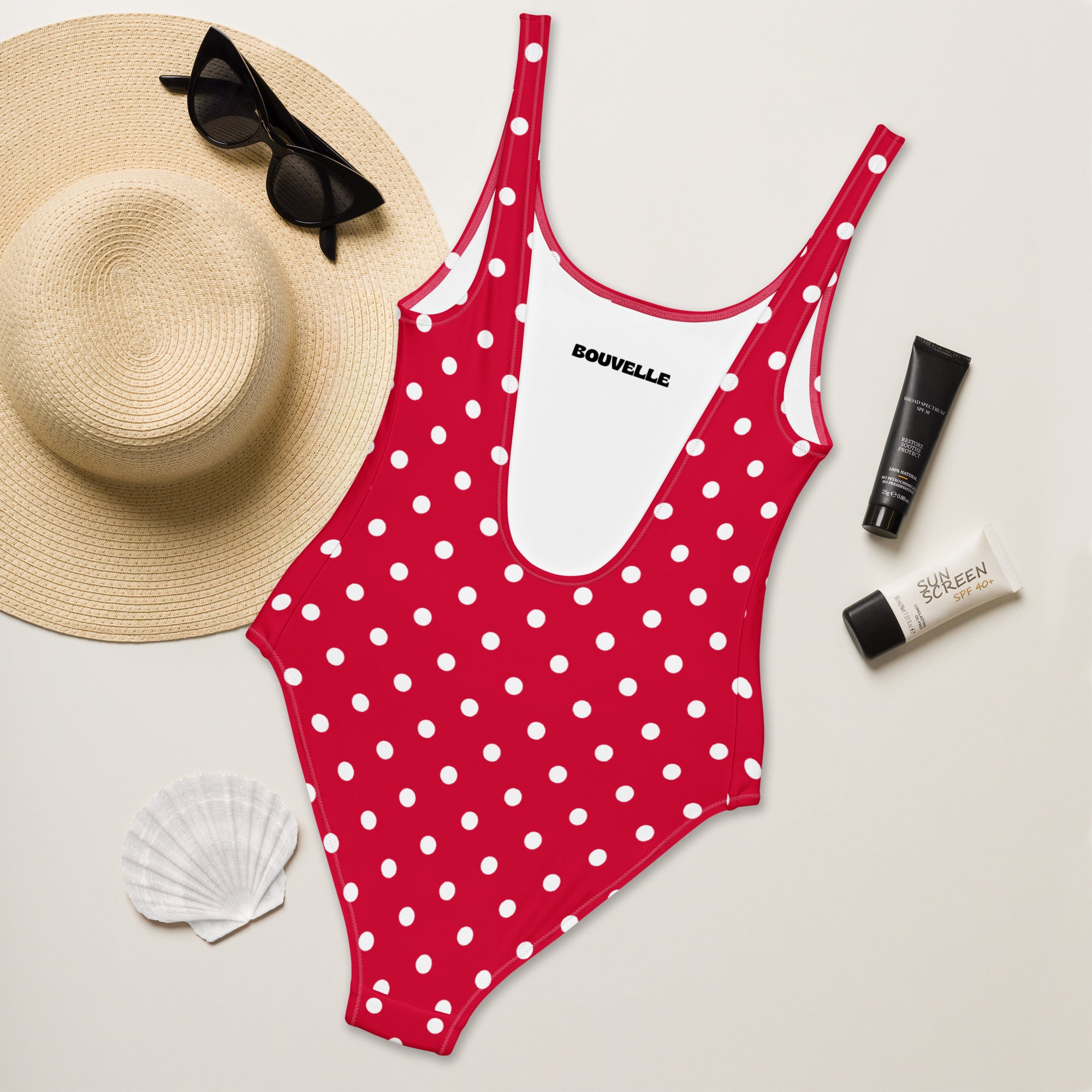 Women's Cherry Red Polka Dot Buttery Soft Swimsuit With UPF 50+