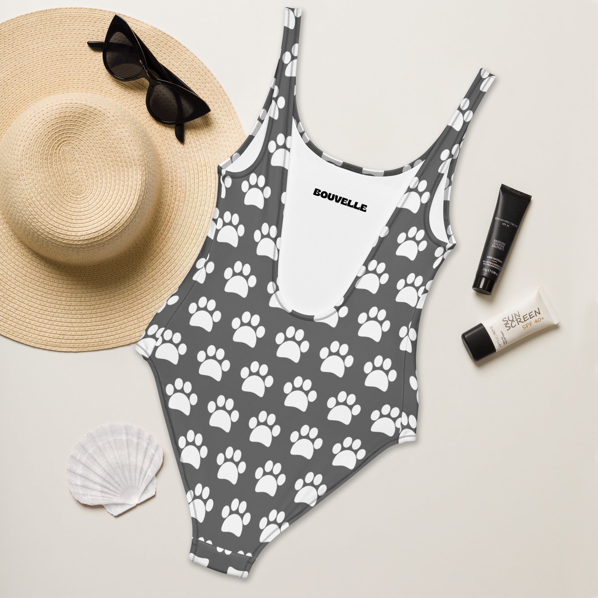 Women's Gray Paw Print Buttery Soft Swimsuit With UPF 50+