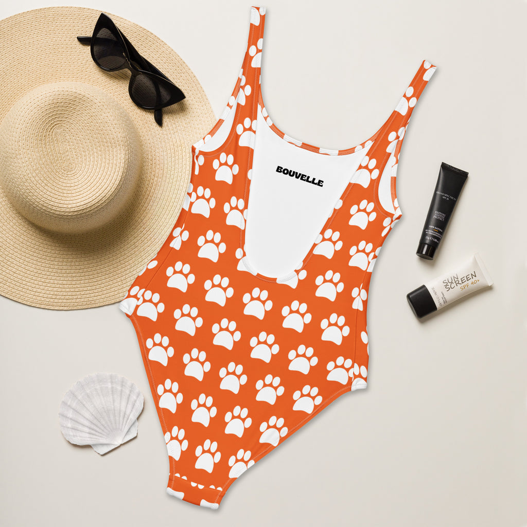 Women's Orange Paw Print Buttery Soft Swimsuit With UPF 50+