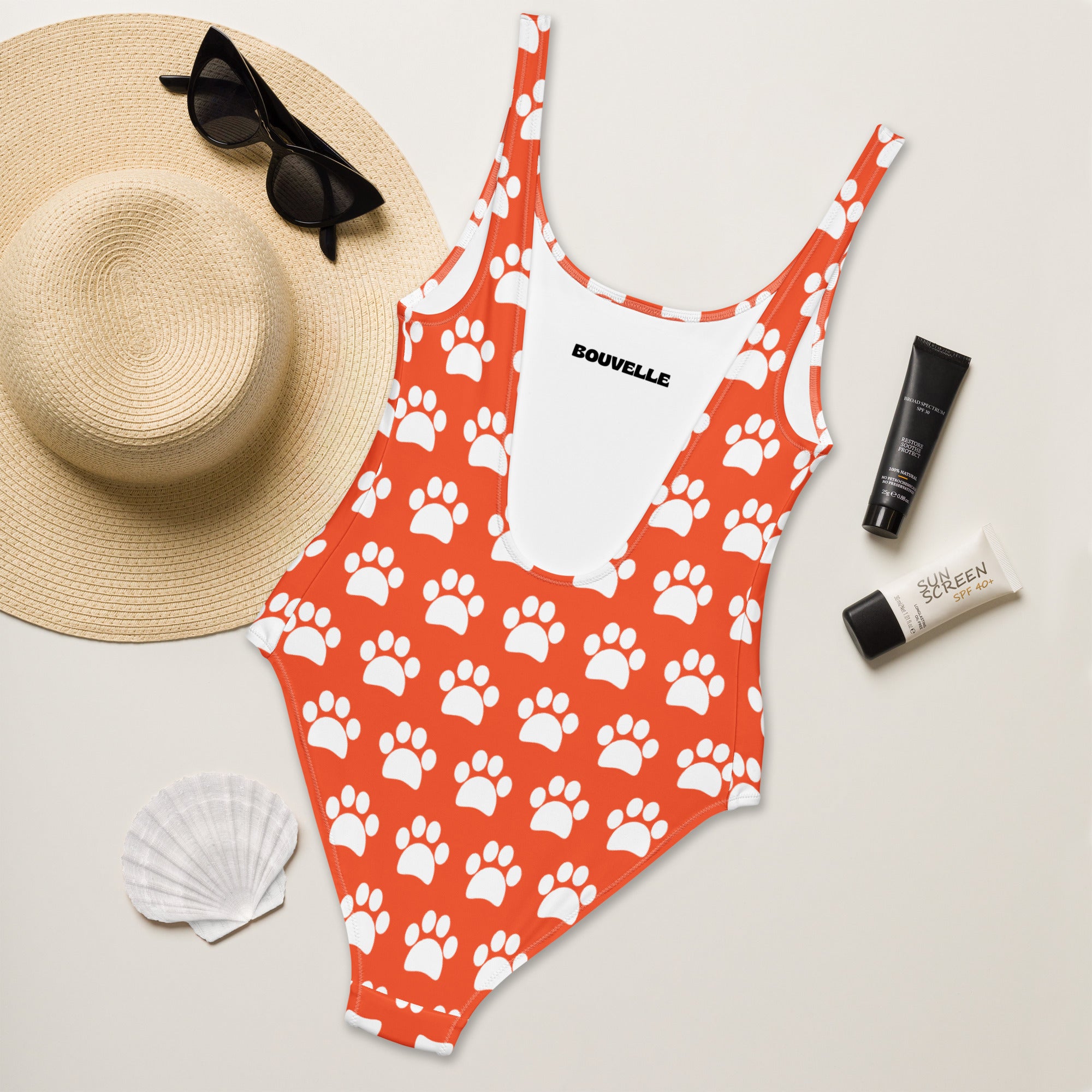 Women's Bright Orange Paw Print Buttery Soft Swimsuit With UPF 50+