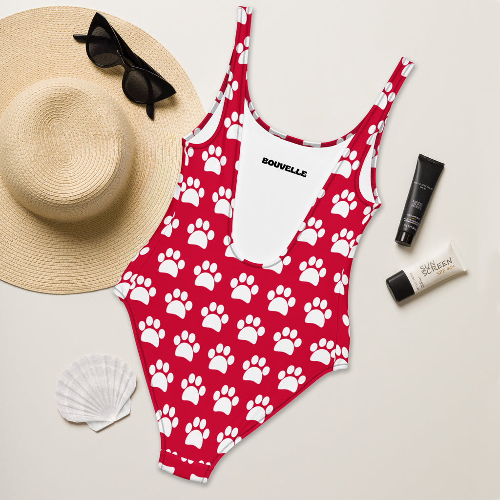 Women's Cherry Red Paw Print Buttery Soft Swimsuit With UPF 50+
