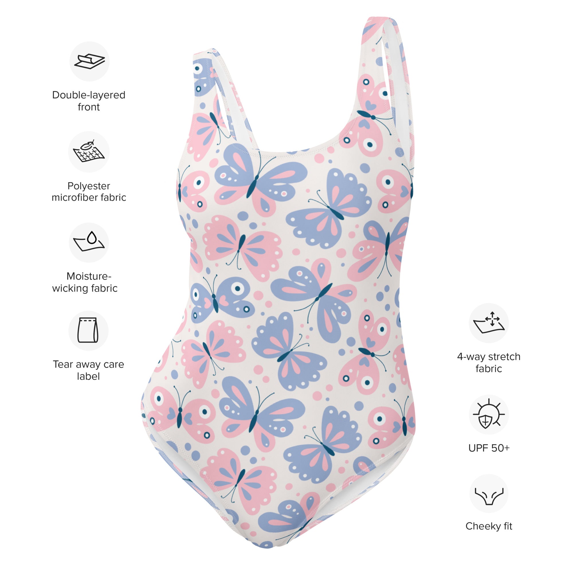 Women’s butterfly pattern buttery soft one-piece swimsuit in pink and lavender polyester microfiber with UPF 50+ protection
