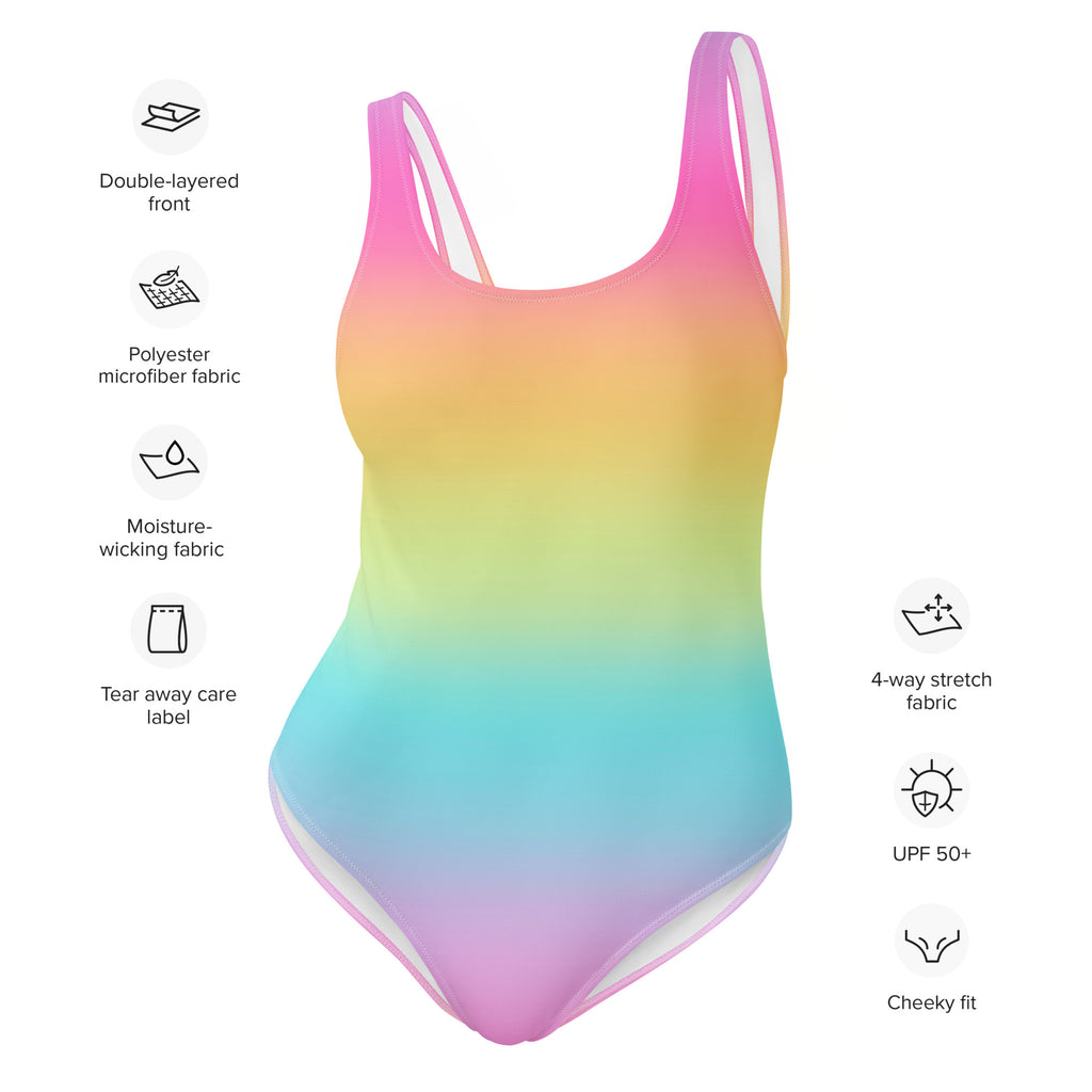 A vibrant rainbow gradient one-piece womens swimsuit with buttery soft fabric and UPF 50 plus sun protection