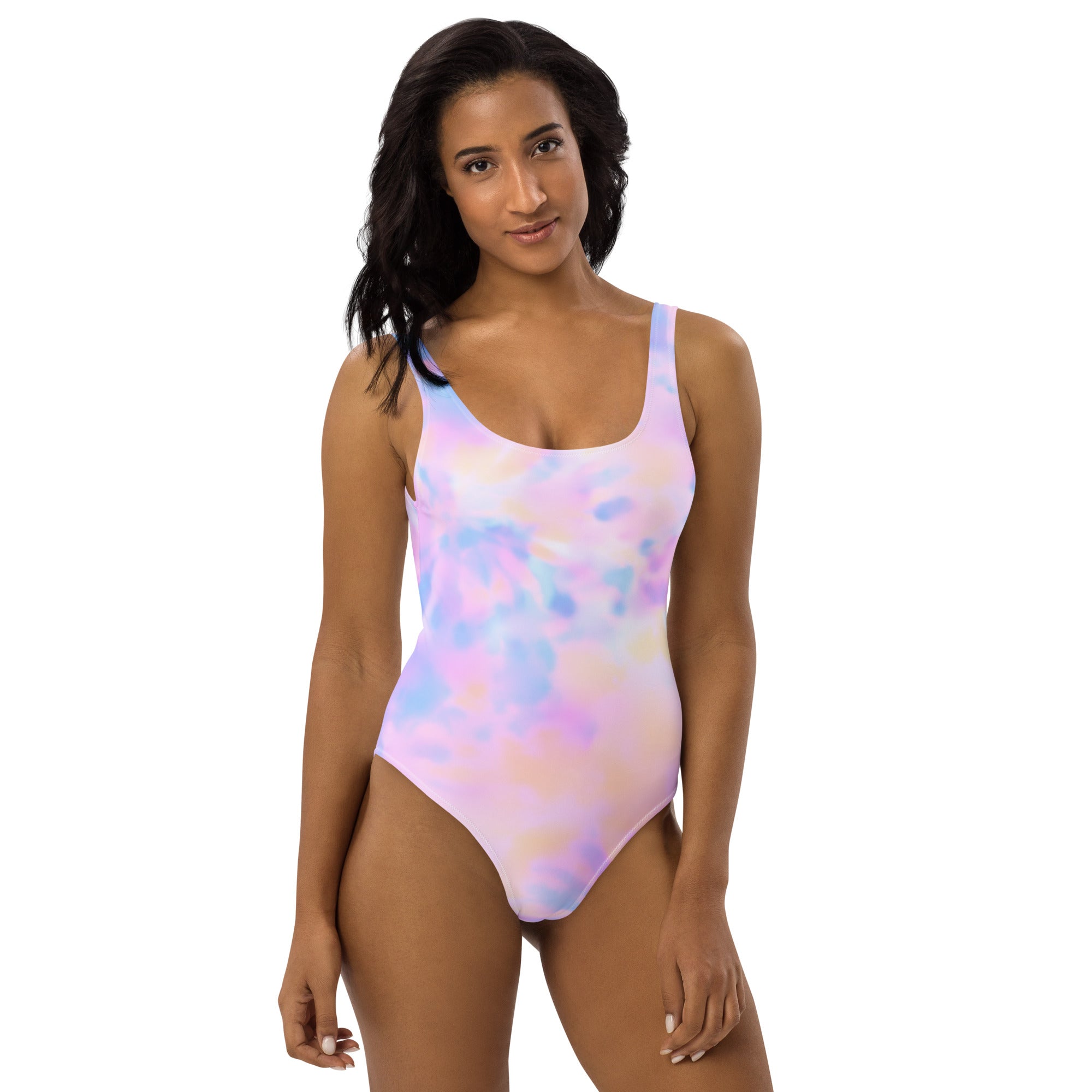 Women’s pastel tie dye one piece swimsuit with square neckline thin straps buttery soft fabric and upf 50 plus protection