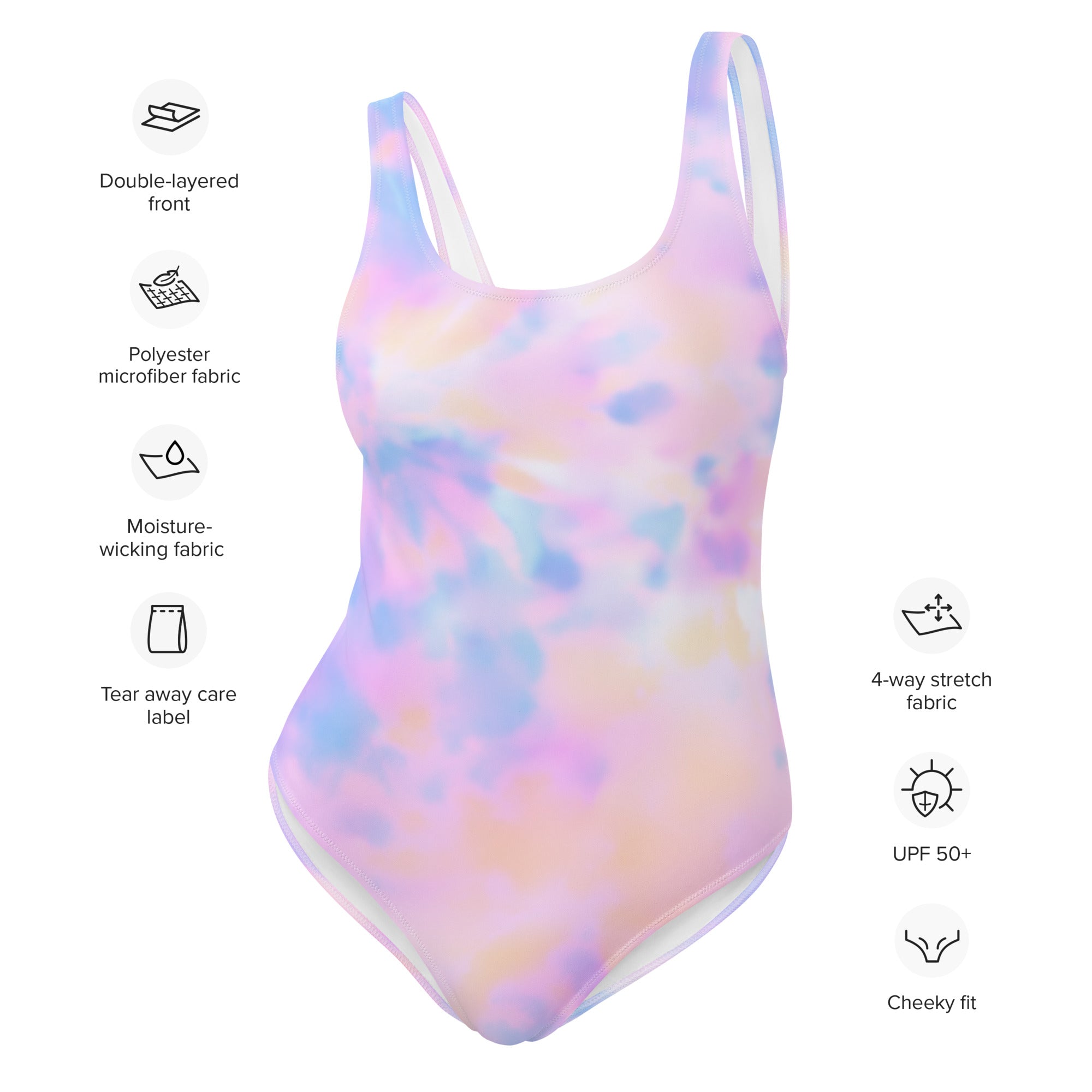 Women’s pastel watercolor one-piece swimsuit in buttery soft double-layered 4-way stretch polyester microfiber fabric with upf 50+