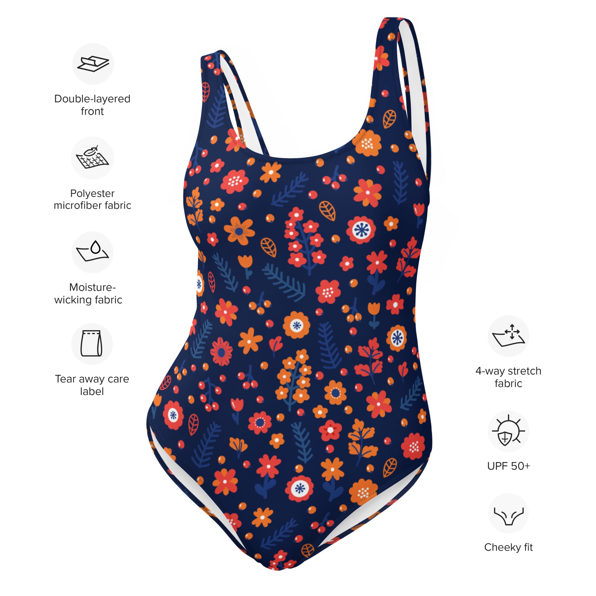 Women’s dark floral buttery soft navy blue one-piece swimsuit with vibrant orange red white flowers and UPF 50+ protection