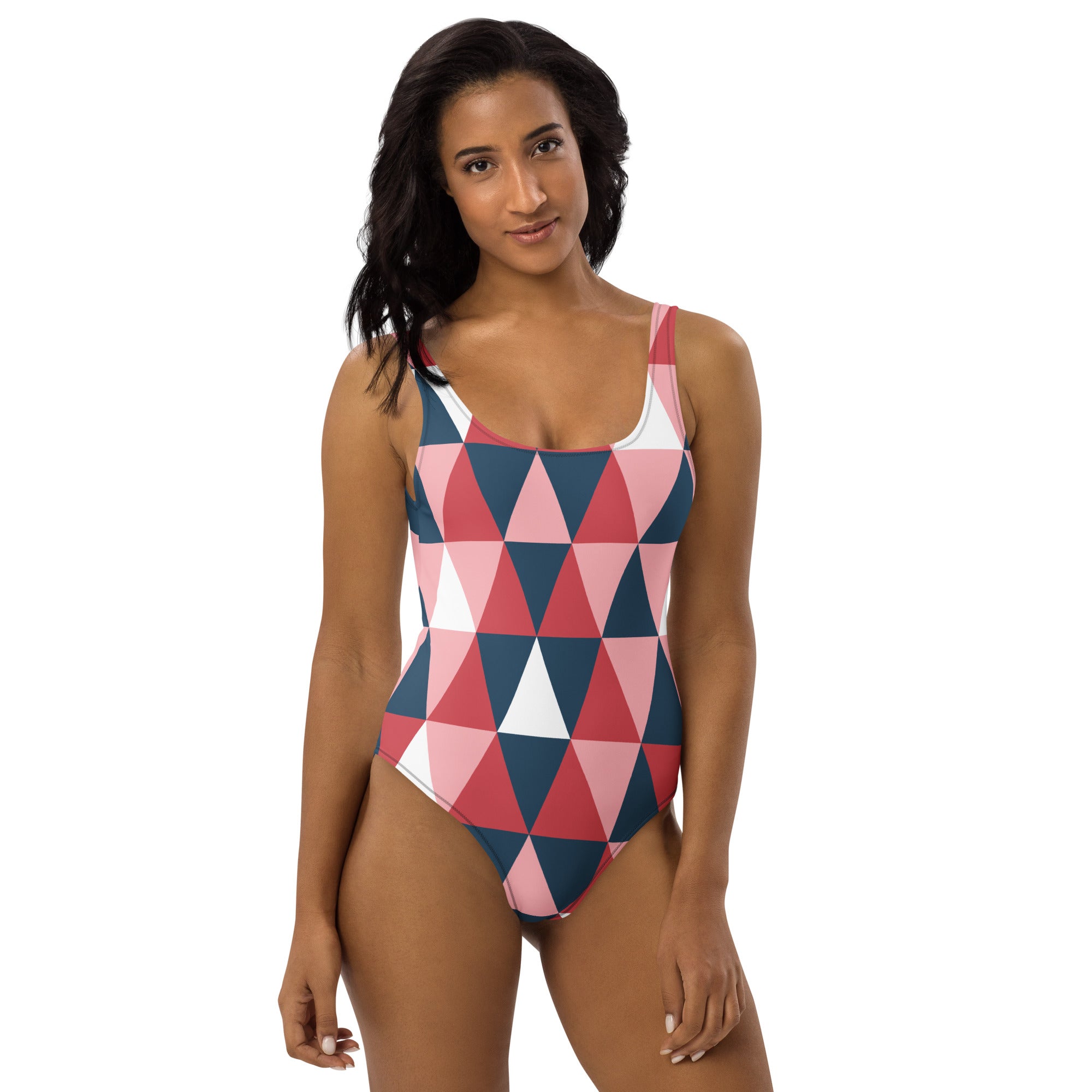 Women’s geometric colorblock buttery soft one-piece swimsuit with pink navy blue white triangles and UPF 50 plus protection