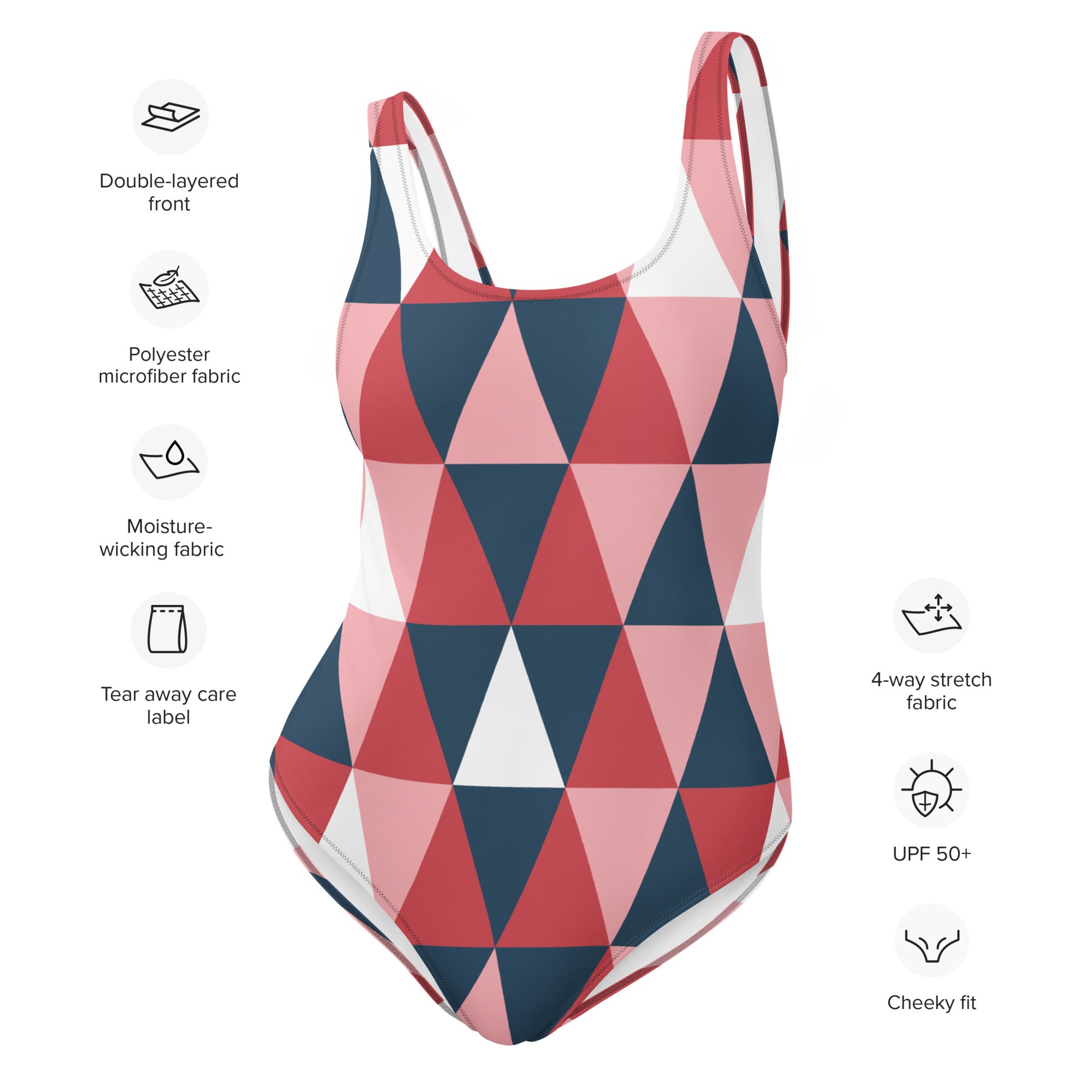 Women’s geometric colorblock one-piece swimsuit with pink navy blue white triangles in buttery soft polyester fiber
