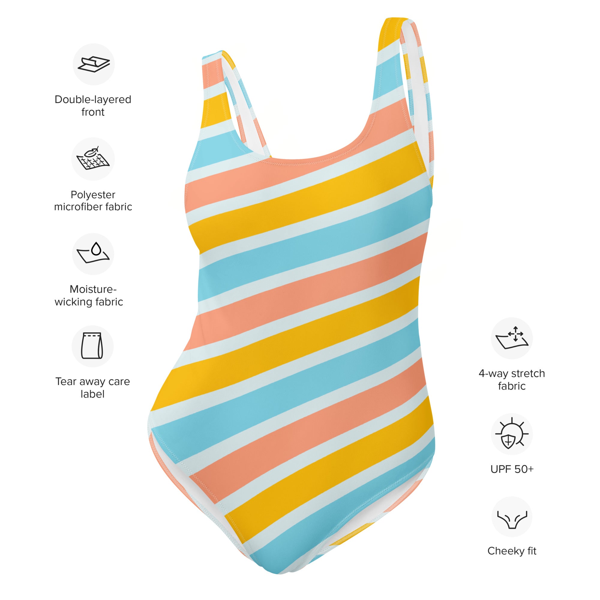 A vibrant women’s retro striped buttery soft one-piece swimsuit with coral yellow light blue stripes and UPF 50+ protection