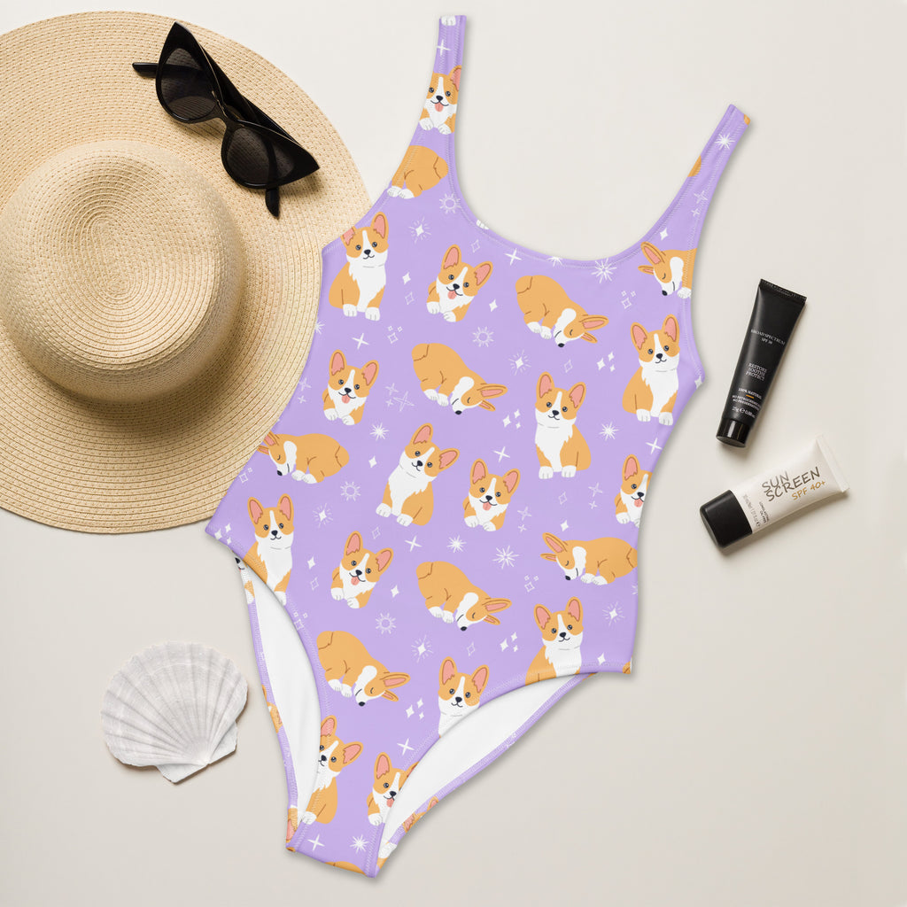Women's Purple Corgi Dog Buttery Soft Swimsuit With UPF 50+