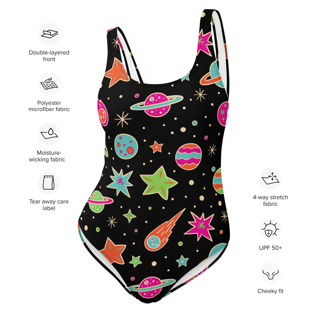 Black one-piece swimsuit with vibrant neon space-themed print in pink green orange teal buttery soft fabric and UPF 50+ protection
