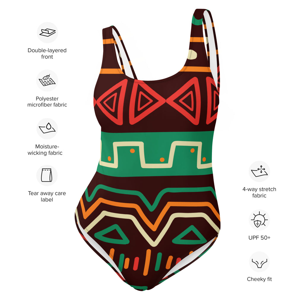 Women’s african-inspired tribal print one-piece swimsuit in bold brown red green and orange polyester microfiber fabric with upf 50+