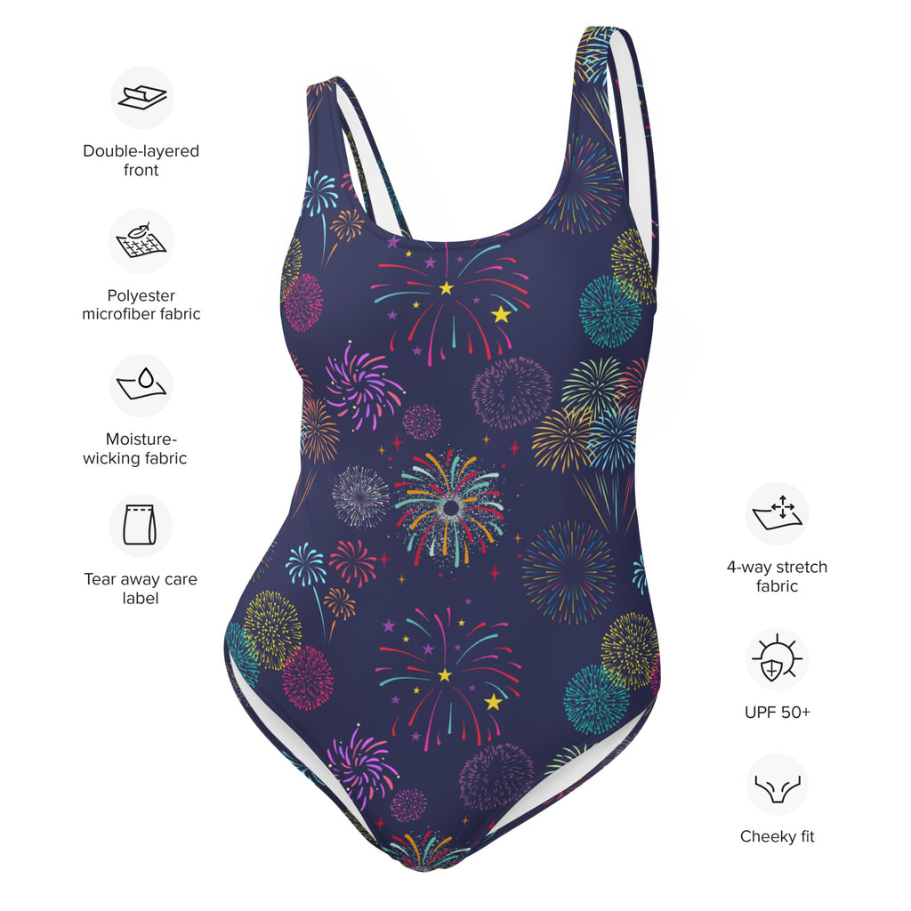 A navy blue women’s one-piece swimsuit with a colorful fireworks pattern made from buttery soft polyester microfiber fabric with UPF 50+ protection