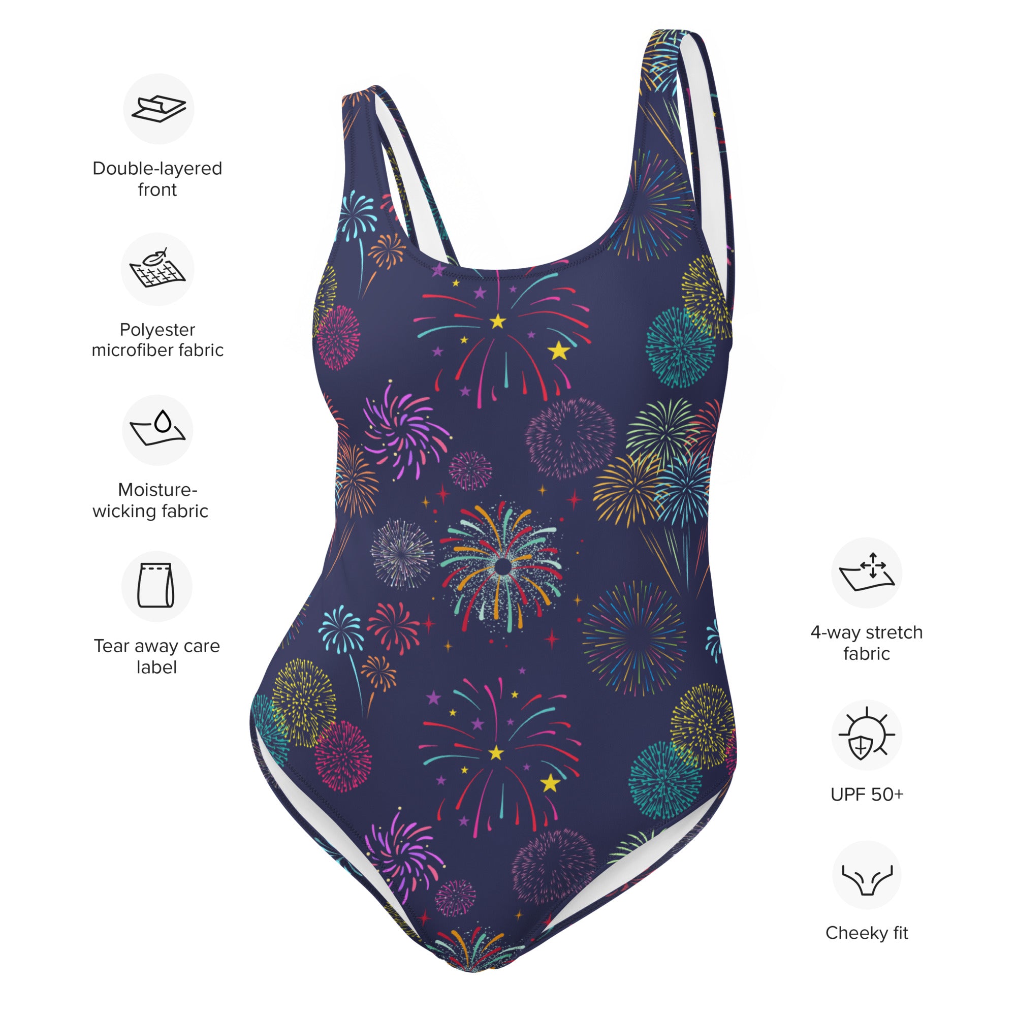 A navy blue women’s one-piece swimsuit with a colorful fireworks pattern made from buttery soft polyester microfiber fabric with UPF 50+ protection