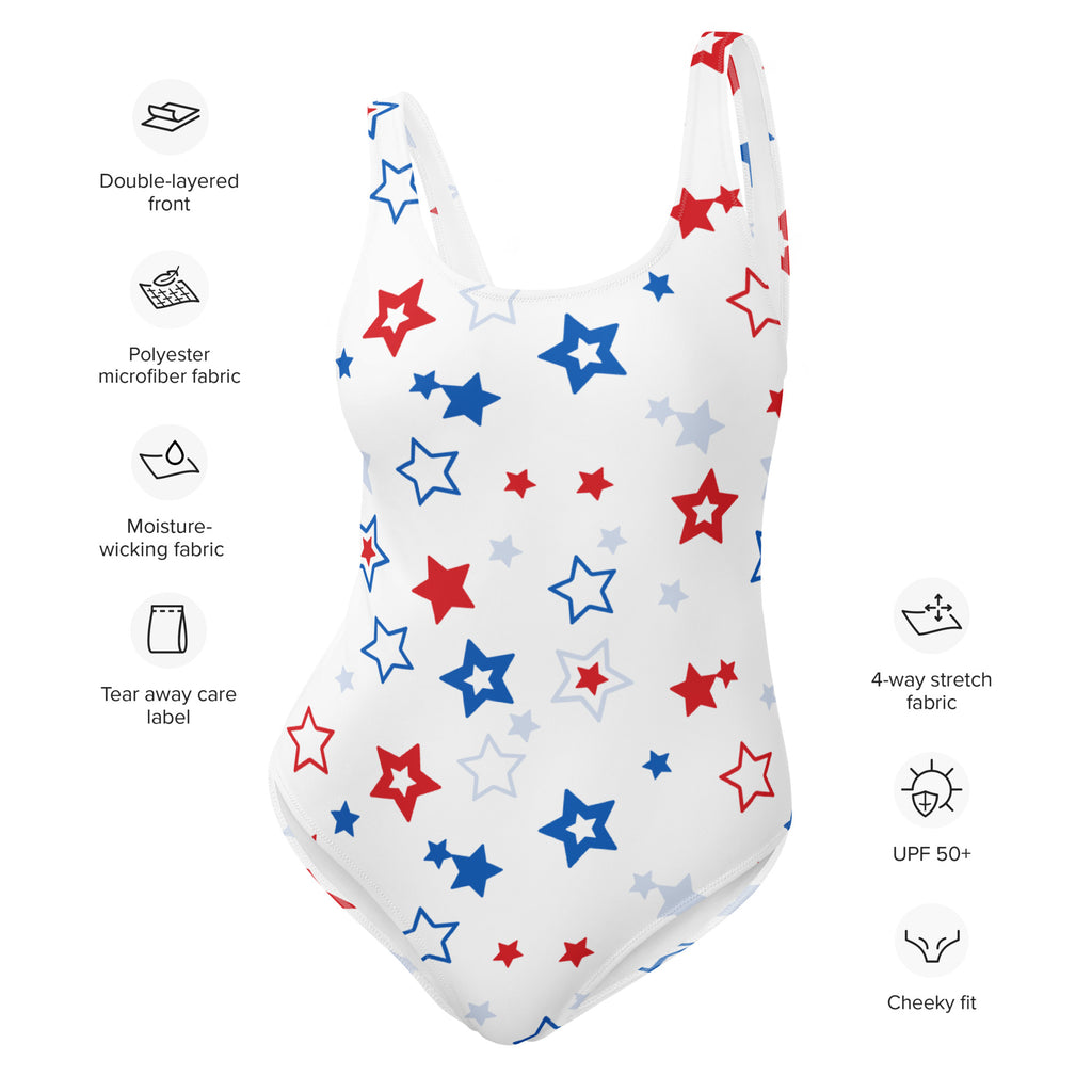 White one-piece swimsuit with red blue and light gray stars in buttery soft fabric with UPF 50+ protection