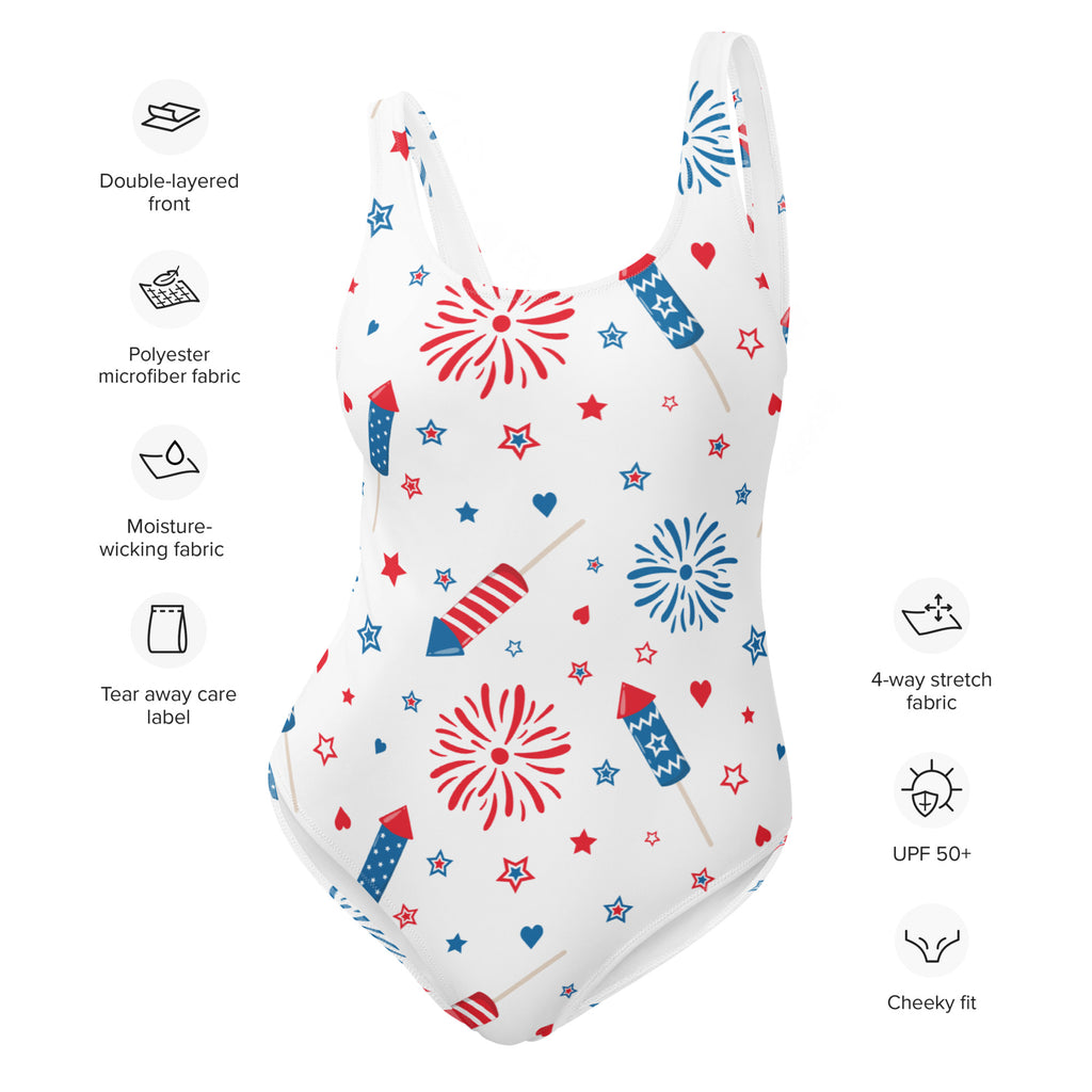 White one-piece swimsuit with red blue fireworks stars and hearts print on buttery soft polyester microfiber fabric